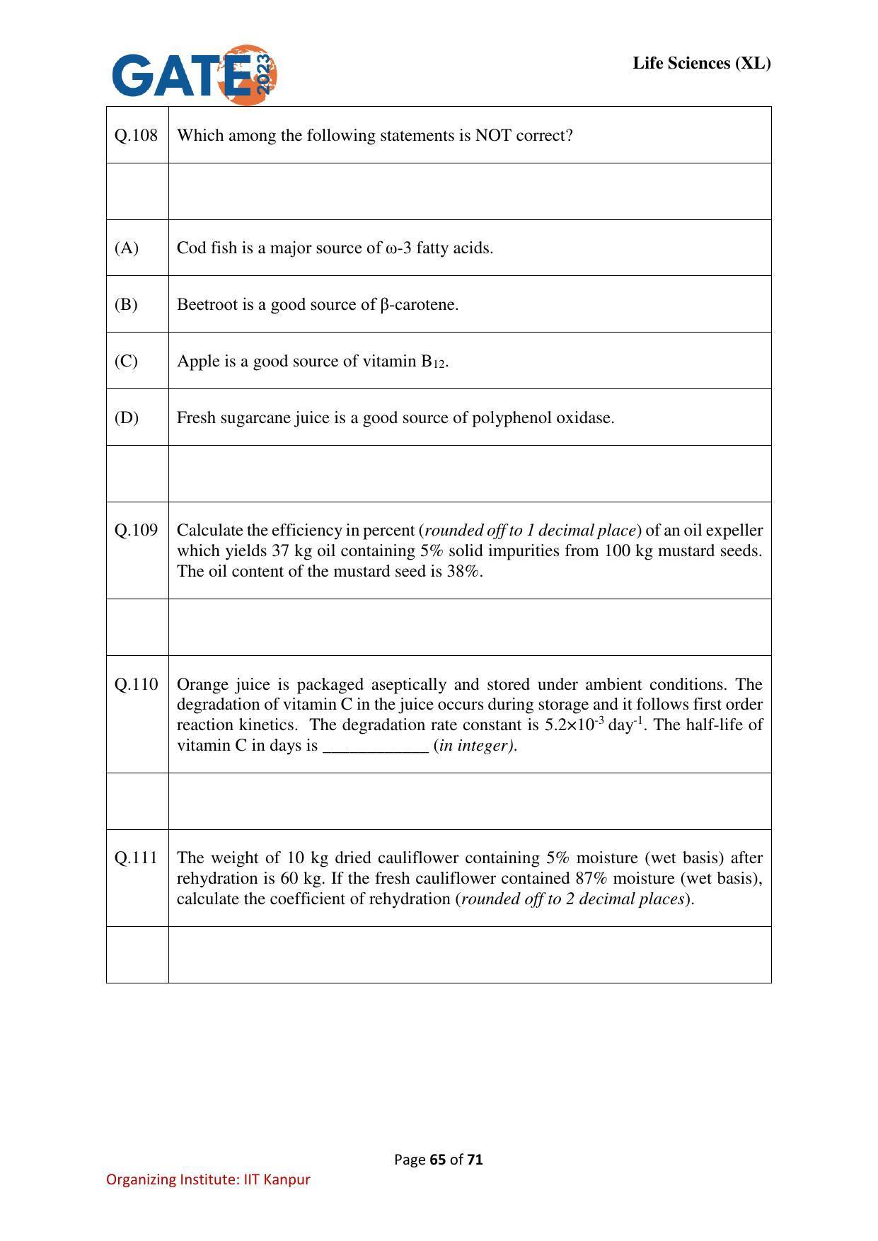 GATE 2023 Life Sciences (XL) Question Paper - Page 65
