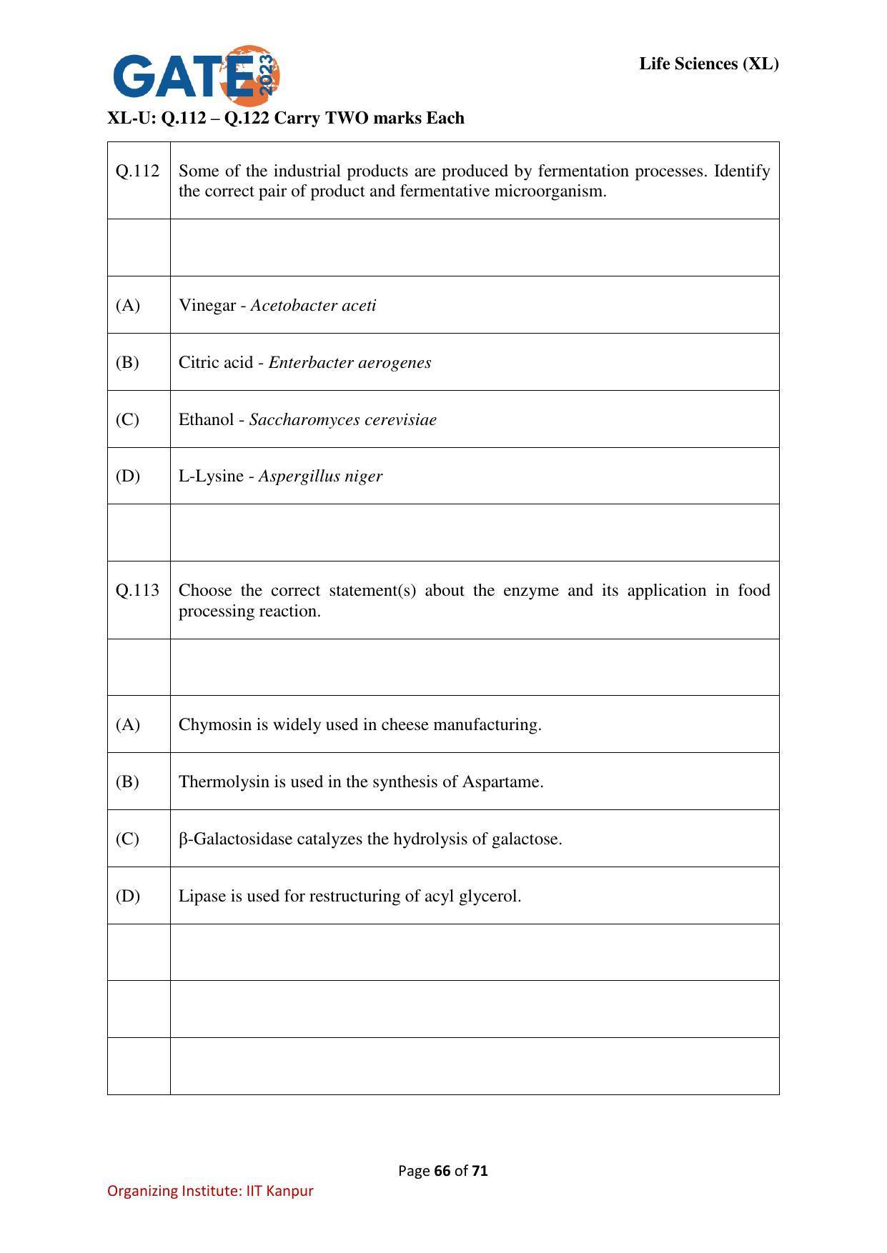 GATE 2023 Life Sciences (XL) Question Paper - Page 66