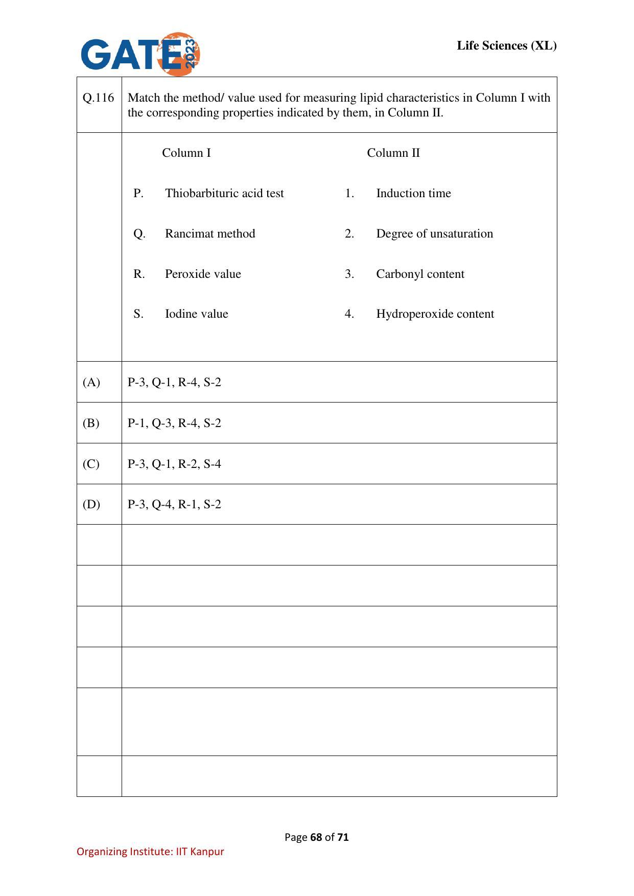 GATE 2023 Life Sciences (XL) Question Paper - Page 68