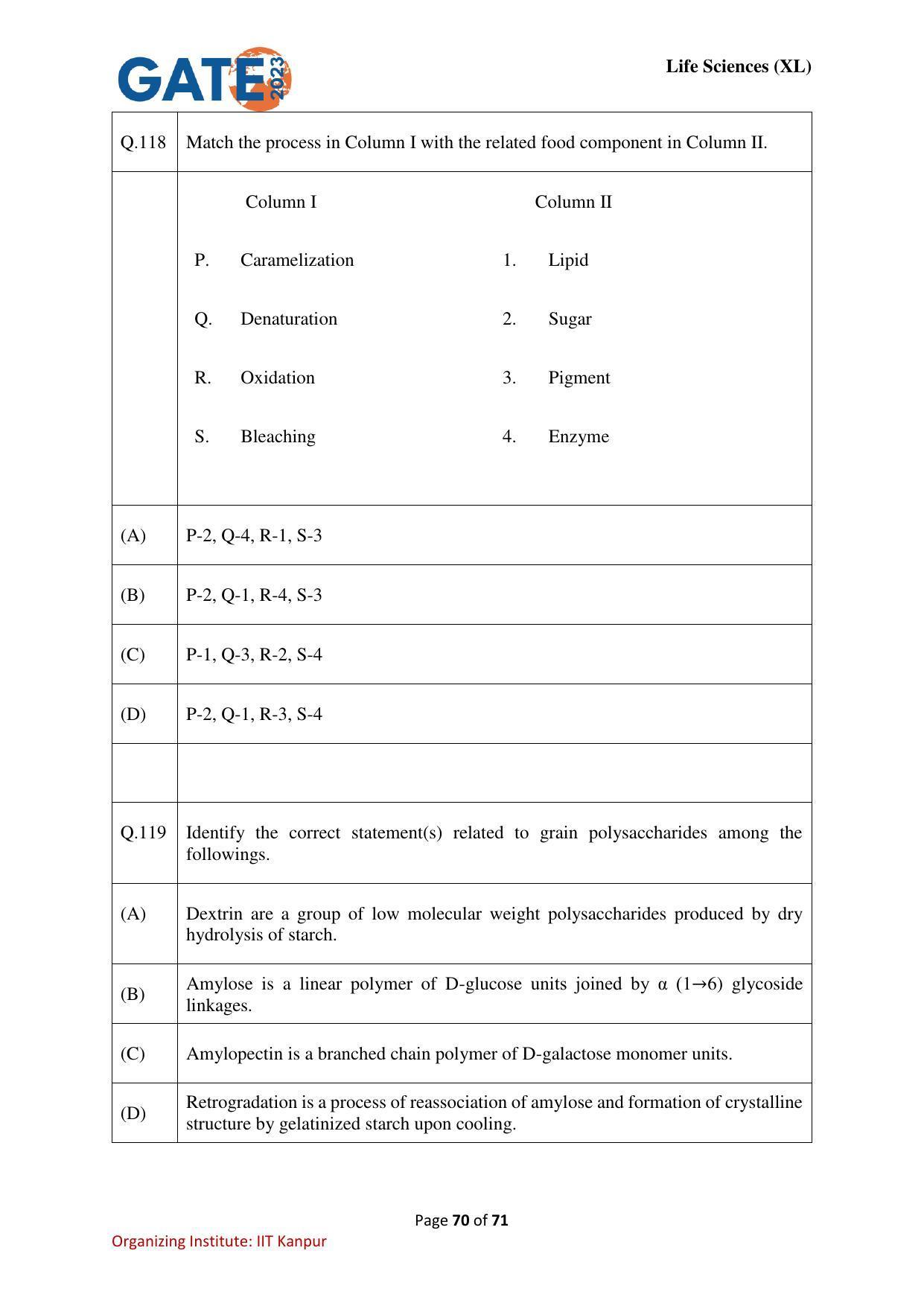 GATE 2023 Life Sciences (XL) Question Paper - Page 70