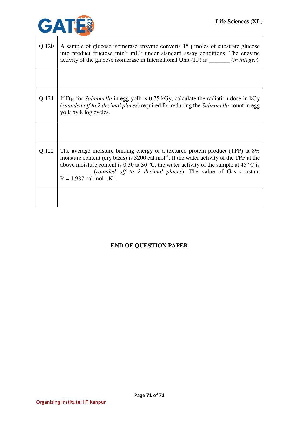 GATE 2023 Life Sciences (XL) Question Paper - Page 71