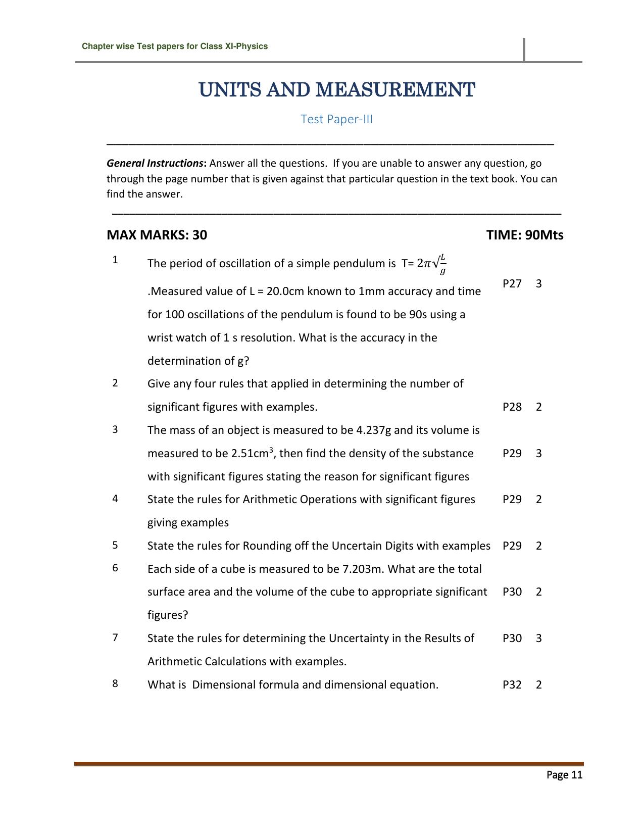 CBSE Worksheets for Class 11 Physics Units and Measurement Assignment 3 - Page 1
