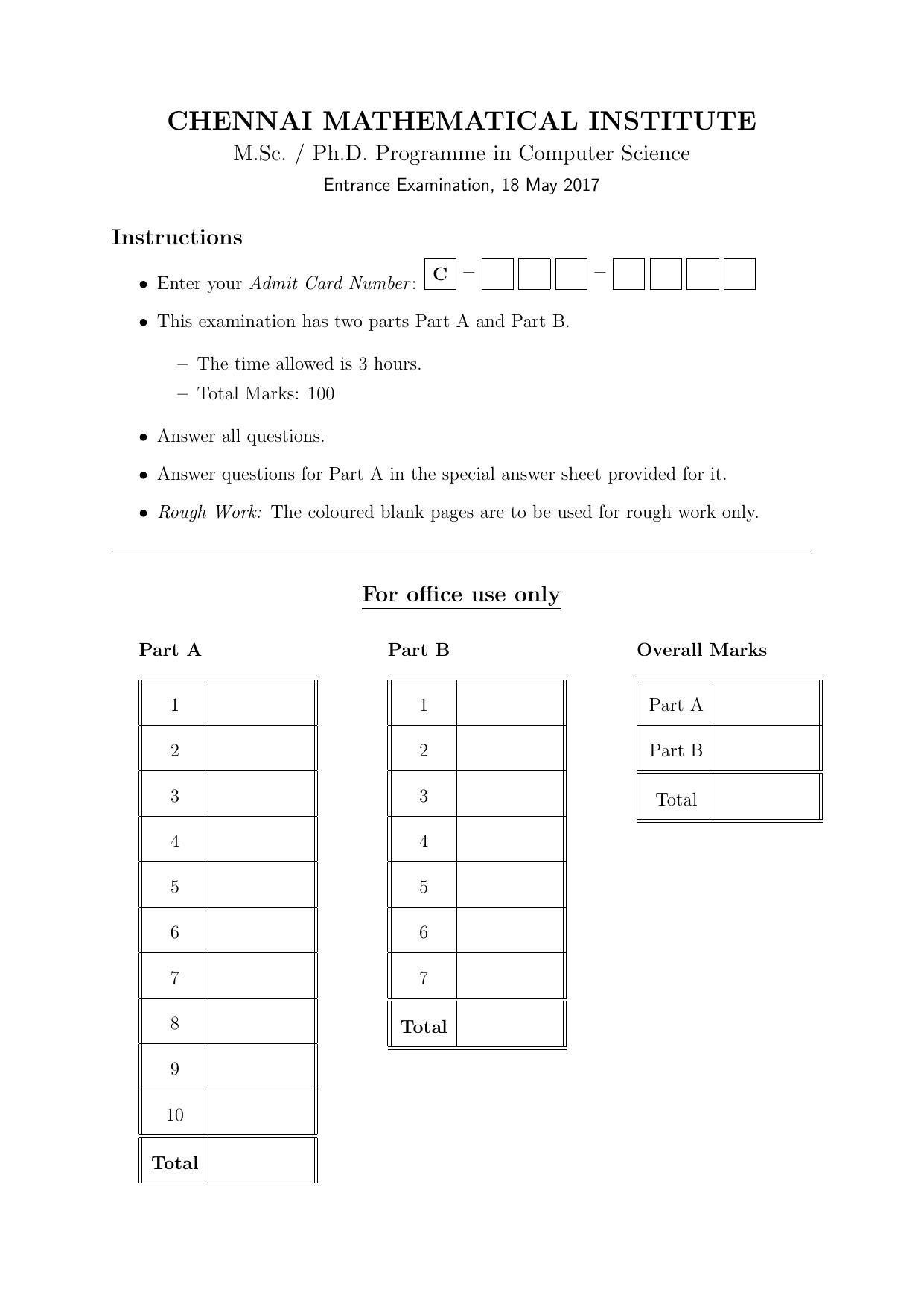 CMI Entrance Exam 2017 Question Paper MSc/PhD Computer Science - Page 1