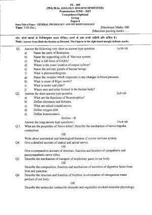 Bilaspur University Question Paper June 2022:M.Sc. Zoology (Fourth Semester) General physiology And Neurophysiology Paper 1