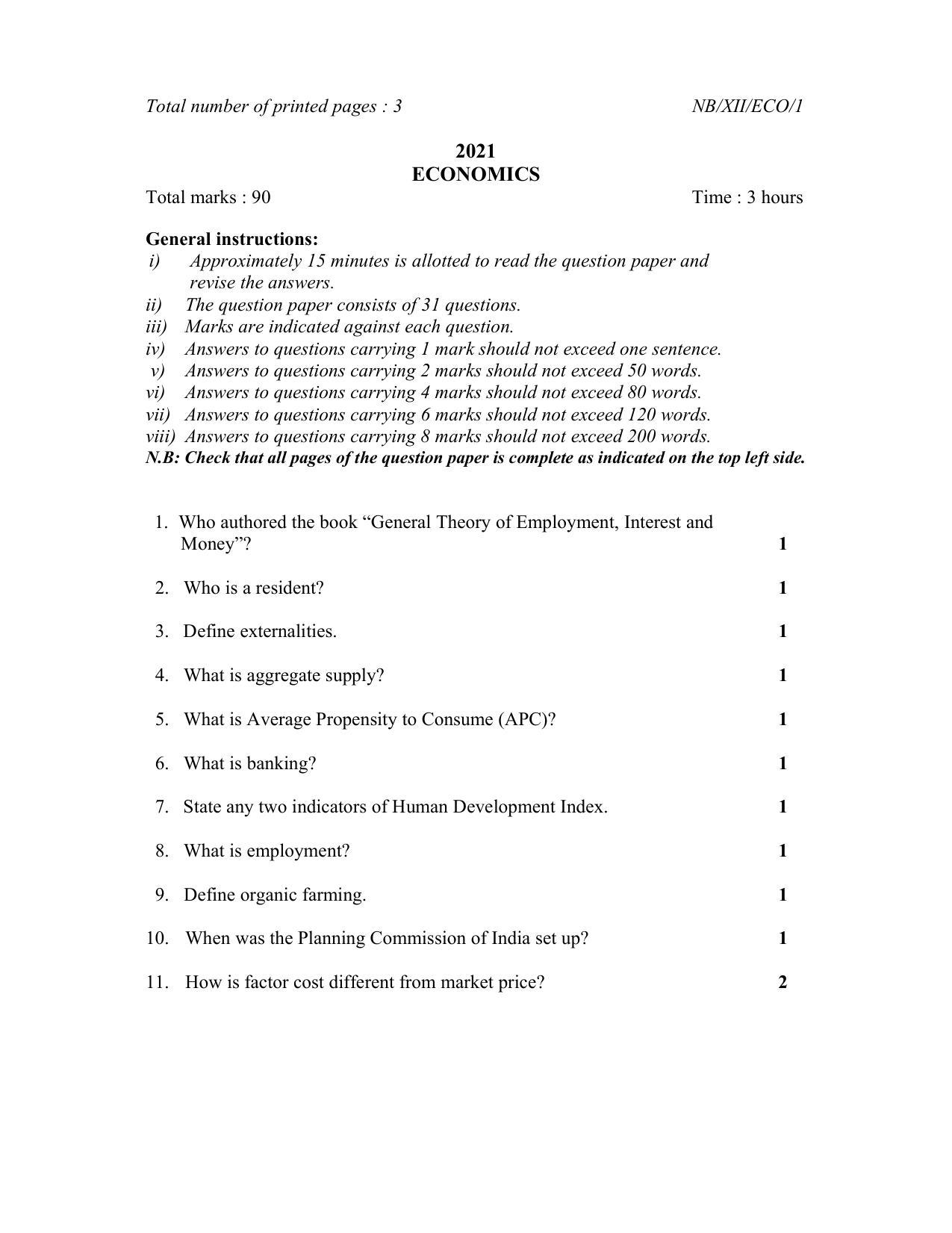Nagaland Board Class 12 Economics 2021 Question Paper - Page 1