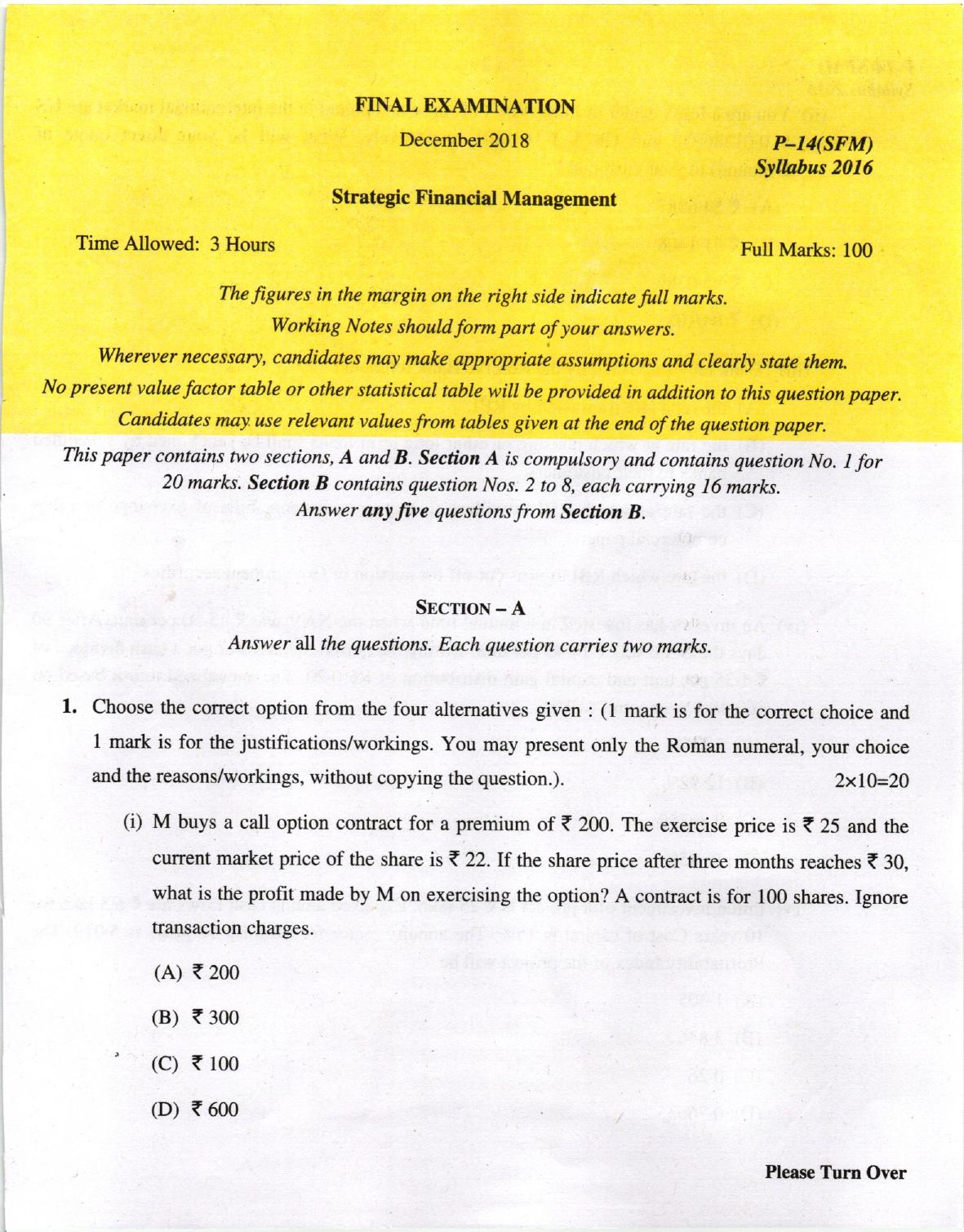 ICMAI Dec 2018 Strategic Financial Management Question Paper (Final) - Page 1
