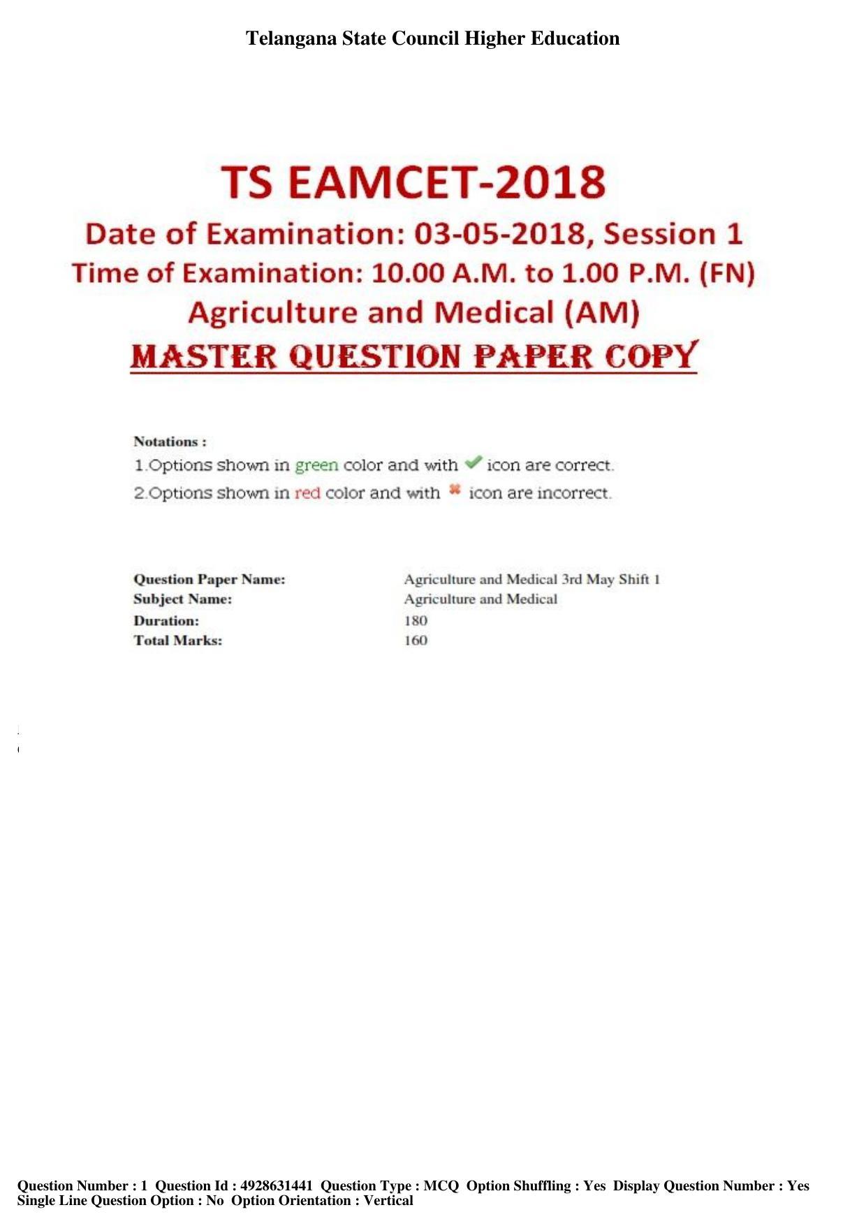 TS EAMCET 2018 Agriculture and Medical Question Paper with Key (3 May 2018 Forenoon) - Page 1