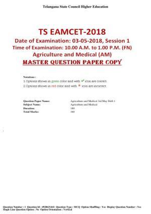 TS EAMCET 2018 Agriculture and Medical Question Paper with Key (3 May 2018 Forenoon)