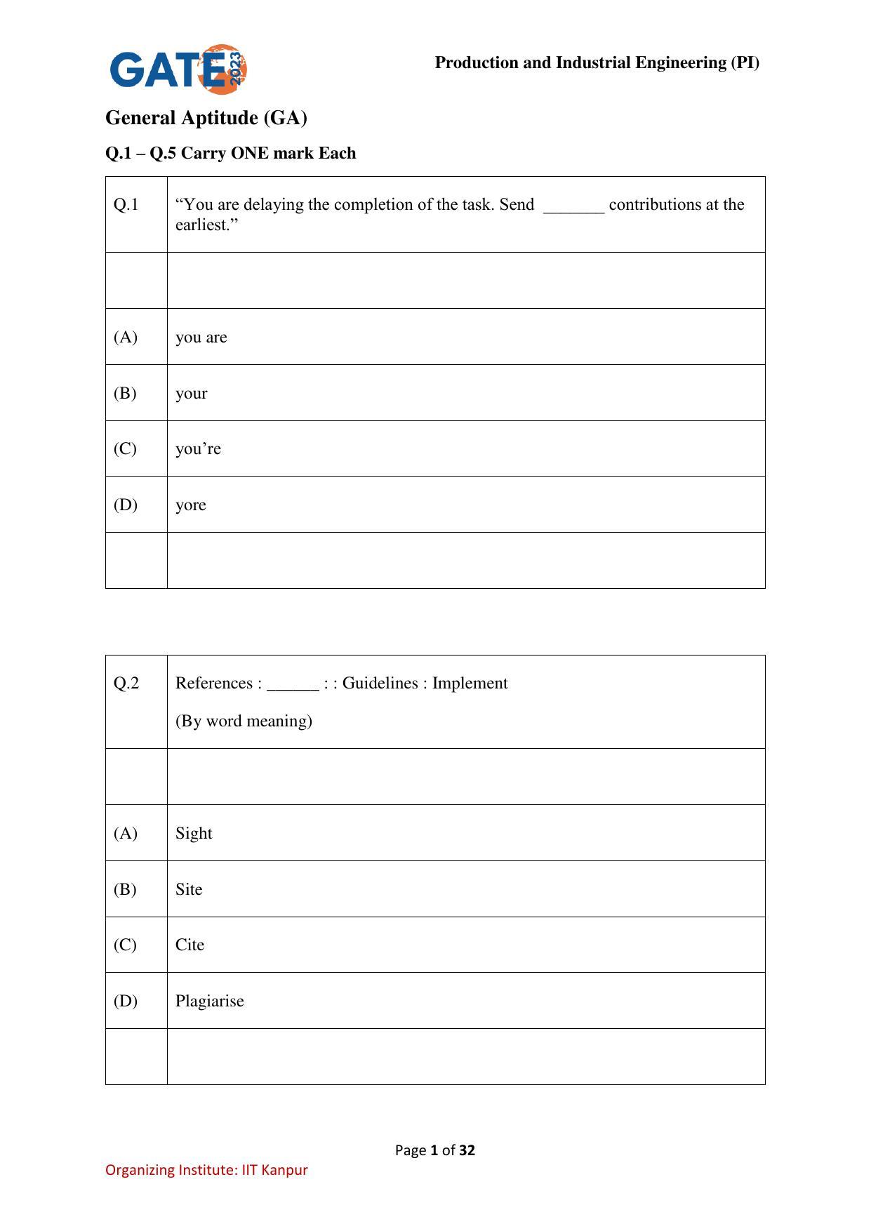GATE 2023 Production and Industrial Engineering (PI) Question Paper - Page 1
