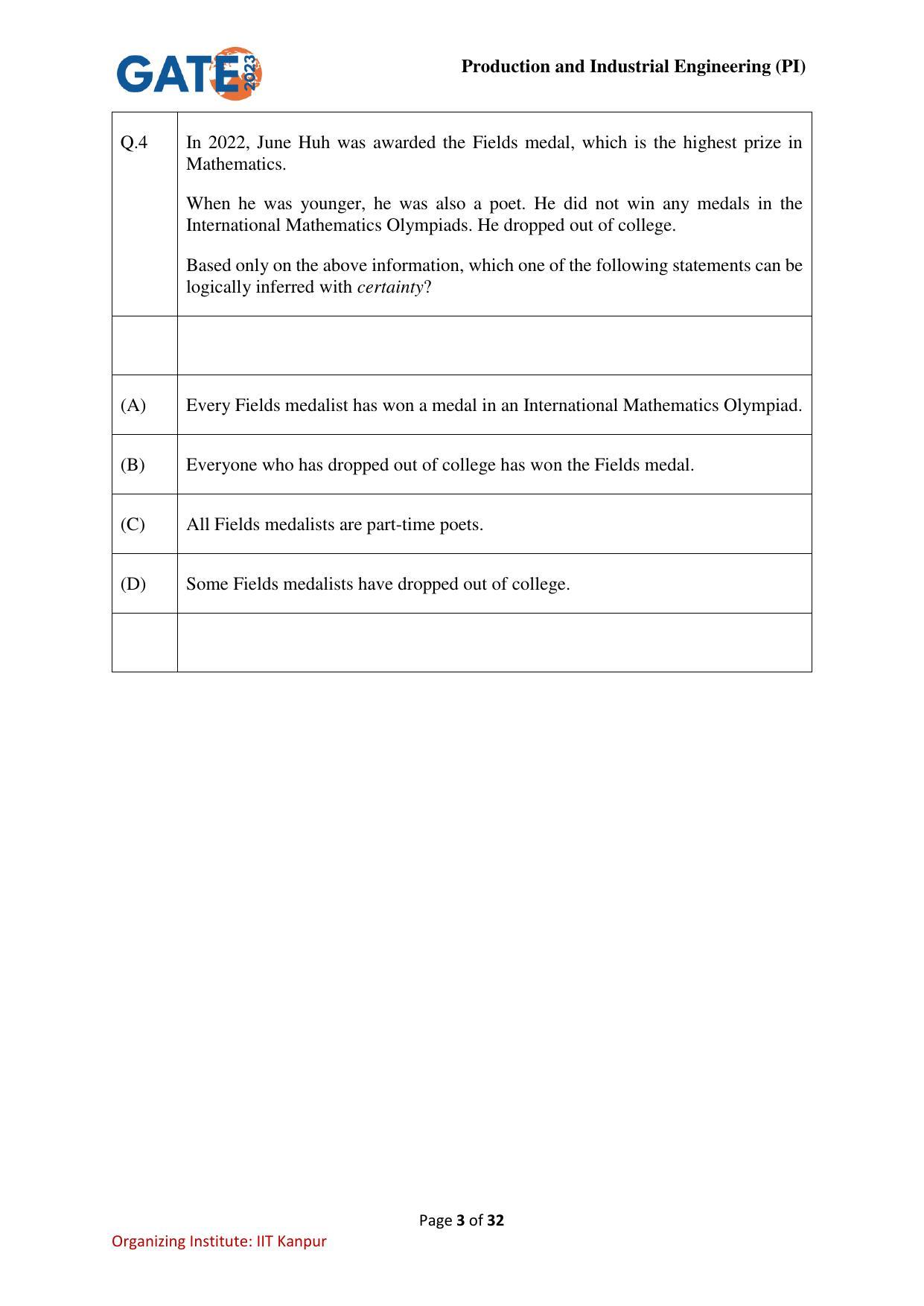 GATE 2023 Production and Industrial Engineering (PI) Question Paper - Page 3