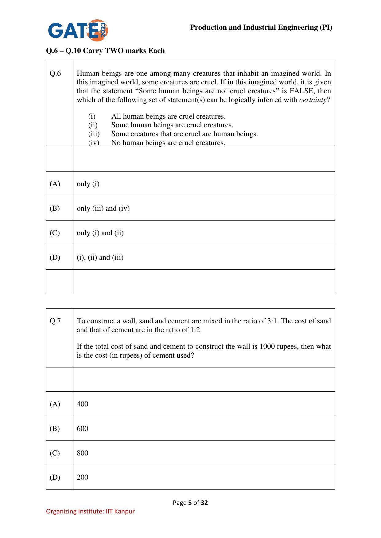 GATE 2023 Production and Industrial Engineering (PI) Question Paper - Page 5