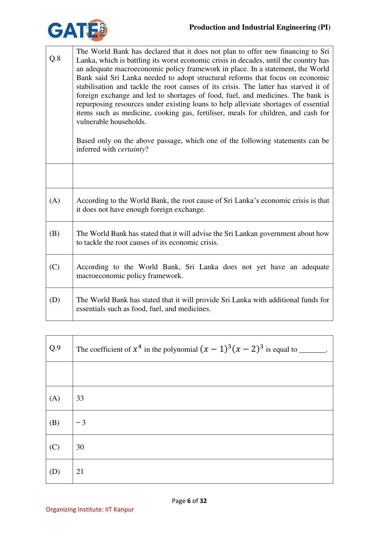 GATE 2023 Production and Industrial Engineering (PI) Question Paper - Page 6