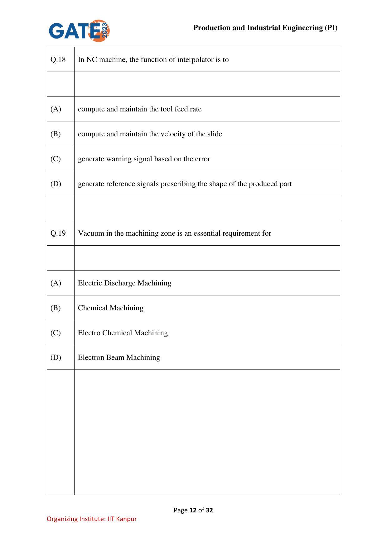 GATE 2023 Production and Industrial Engineering (PI) Question Paper - Page 12