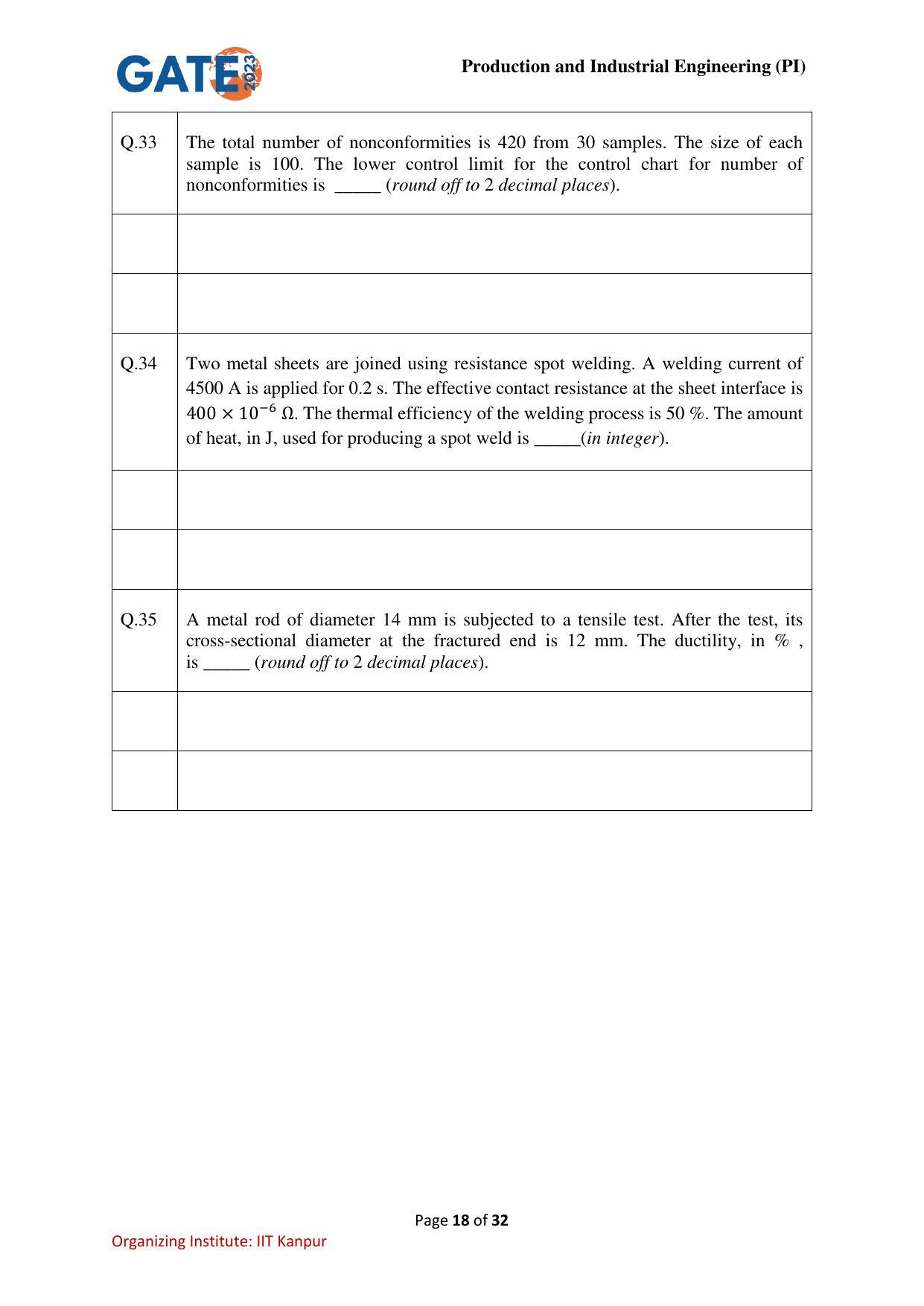 GATE 2023 Production and Industrial Engineering (PI) Question Paper - Page 18