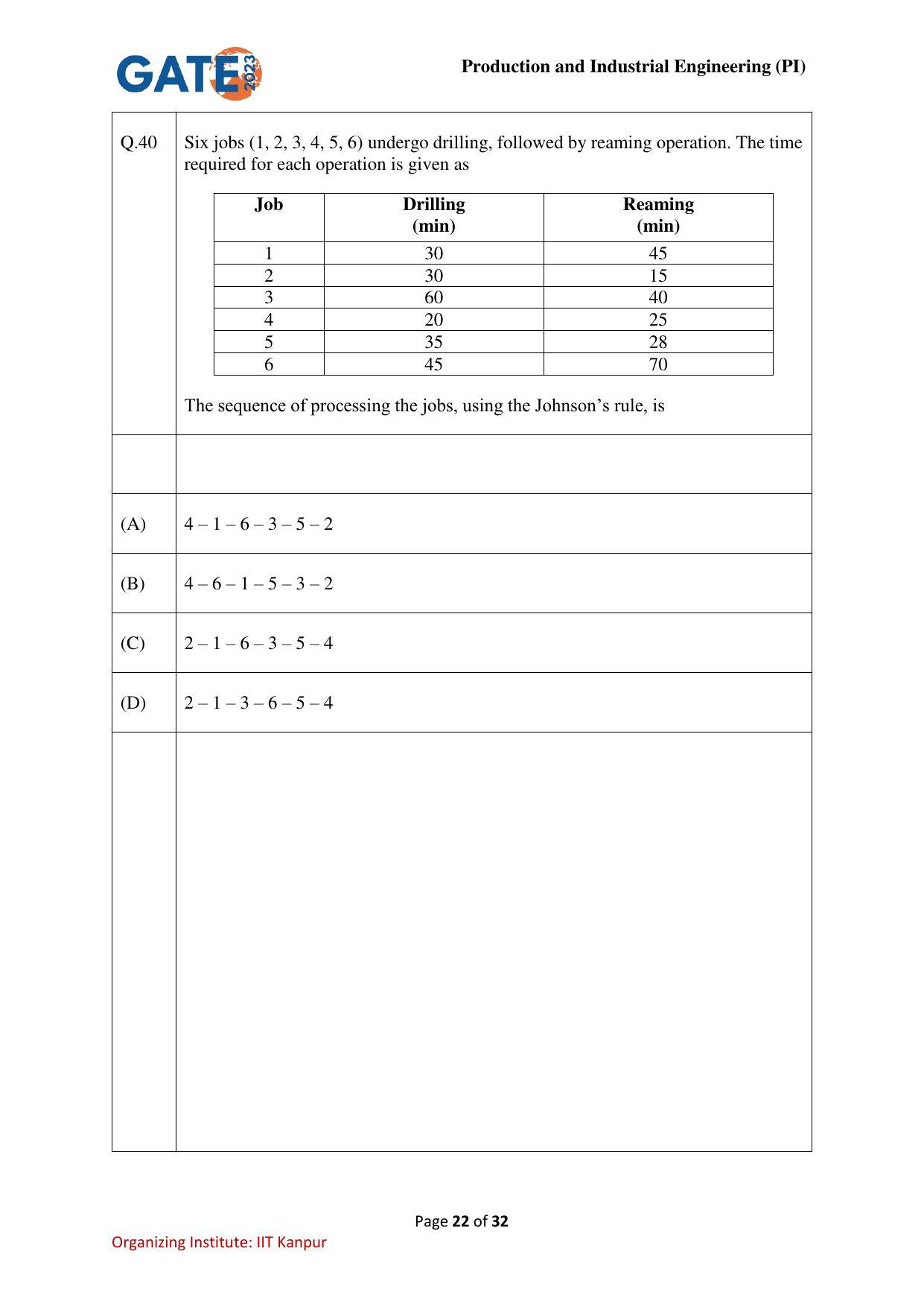 GATE 2023 Production and Industrial Engineering (PI) Question Paper - Page 22