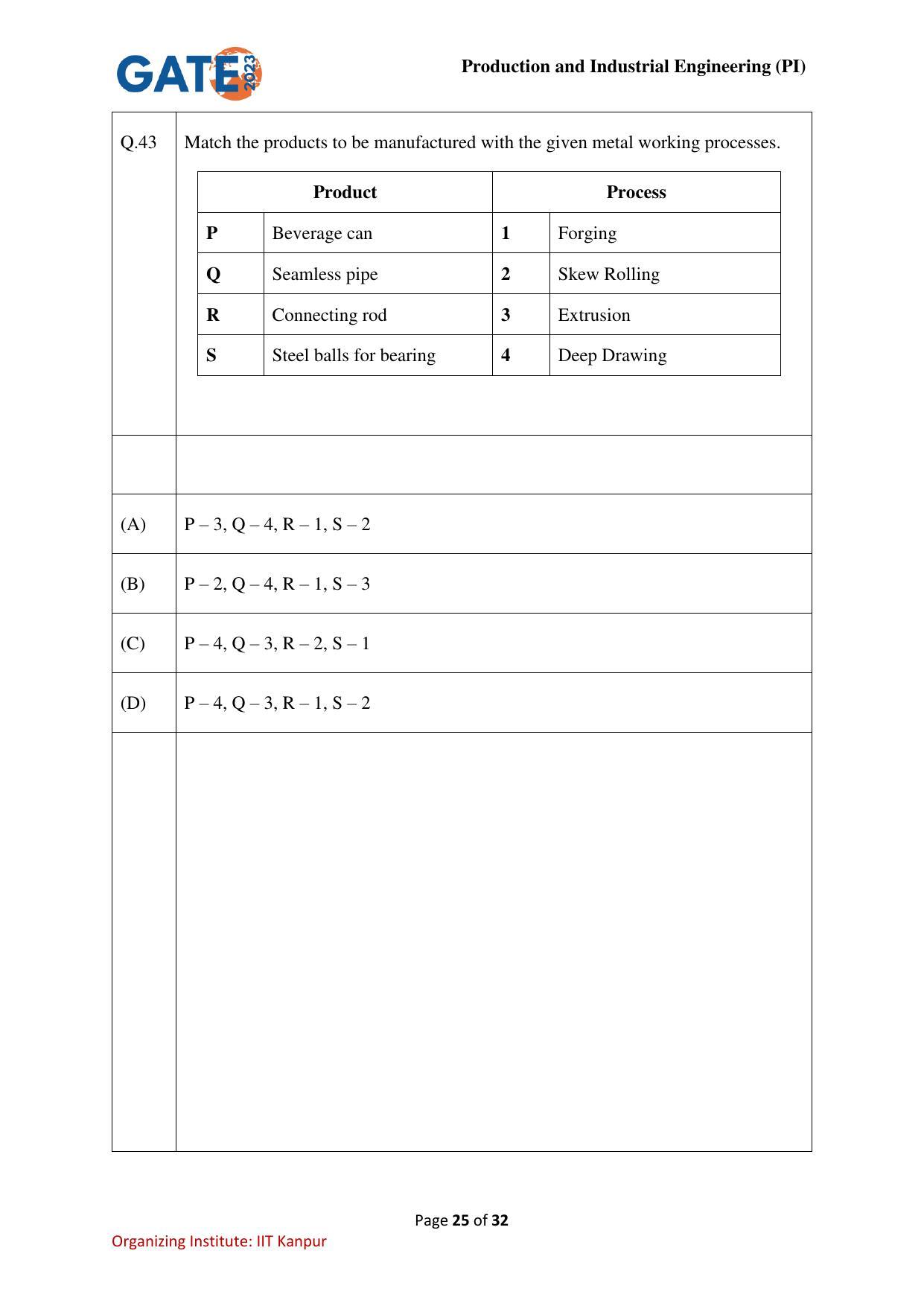 GATE 2023 Production and Industrial Engineering (PI) Question Paper - Page 25