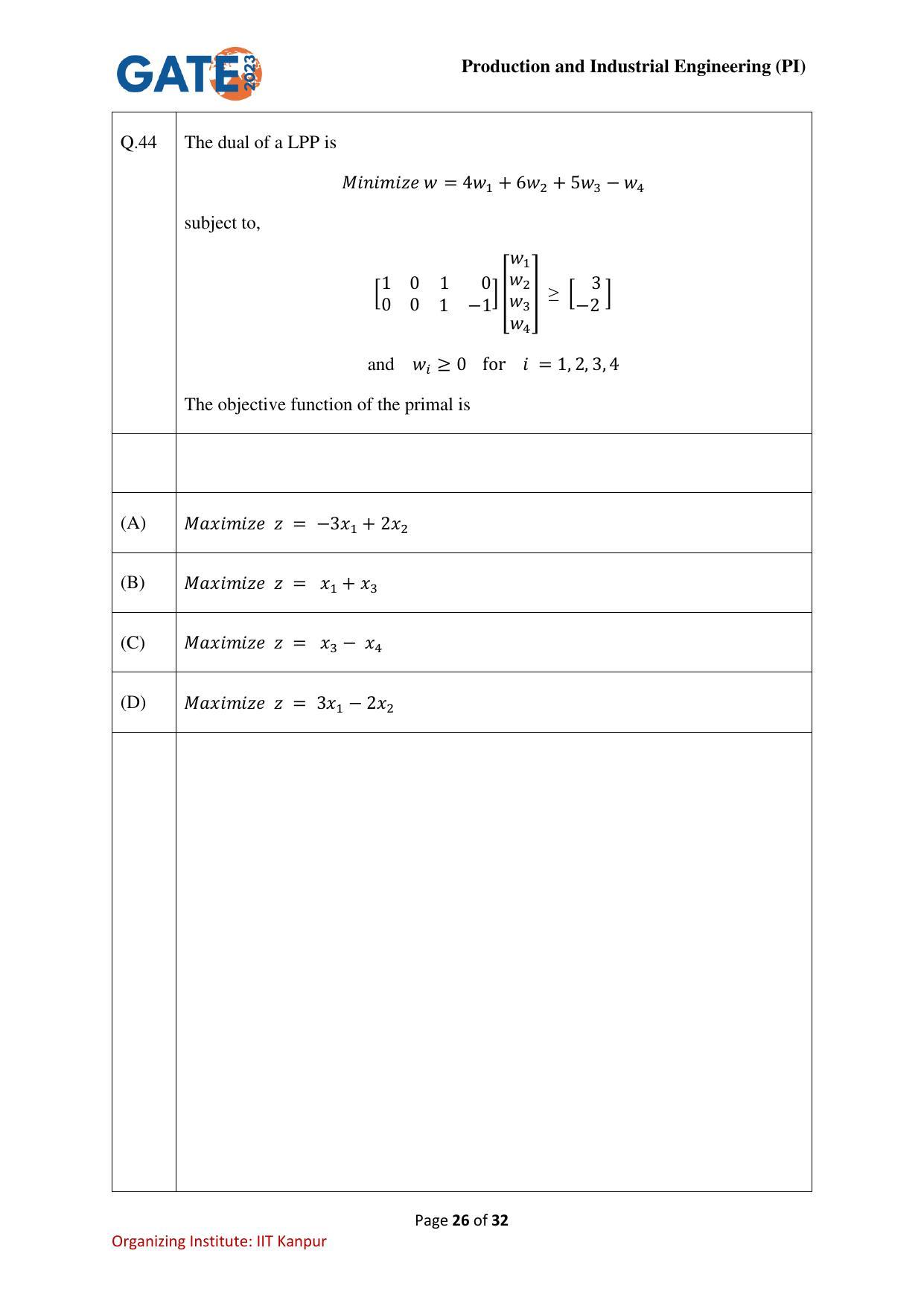 GATE 2023 Production and Industrial Engineering (PI) Question Paper - Page 26