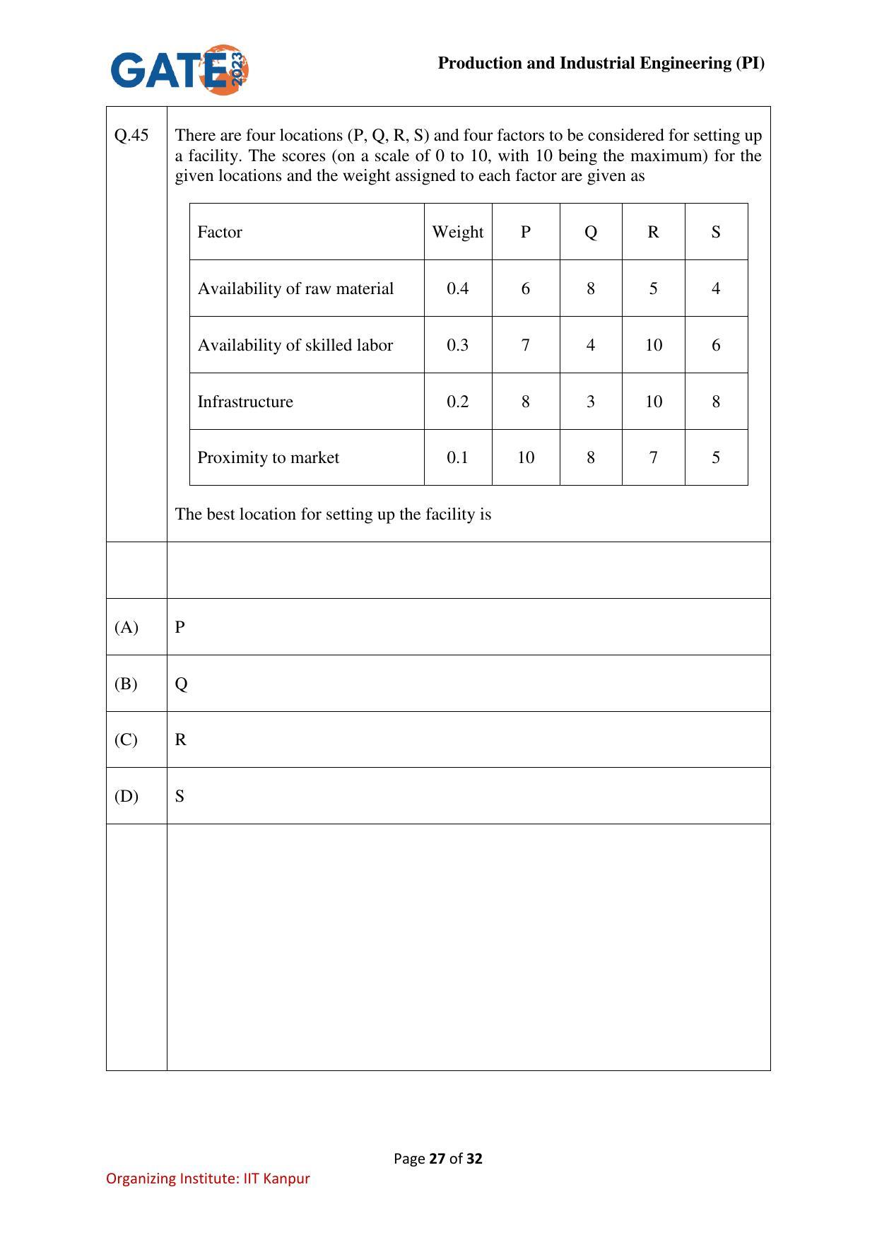 GATE 2023 Production and Industrial Engineering (PI) Question Paper - Page 27