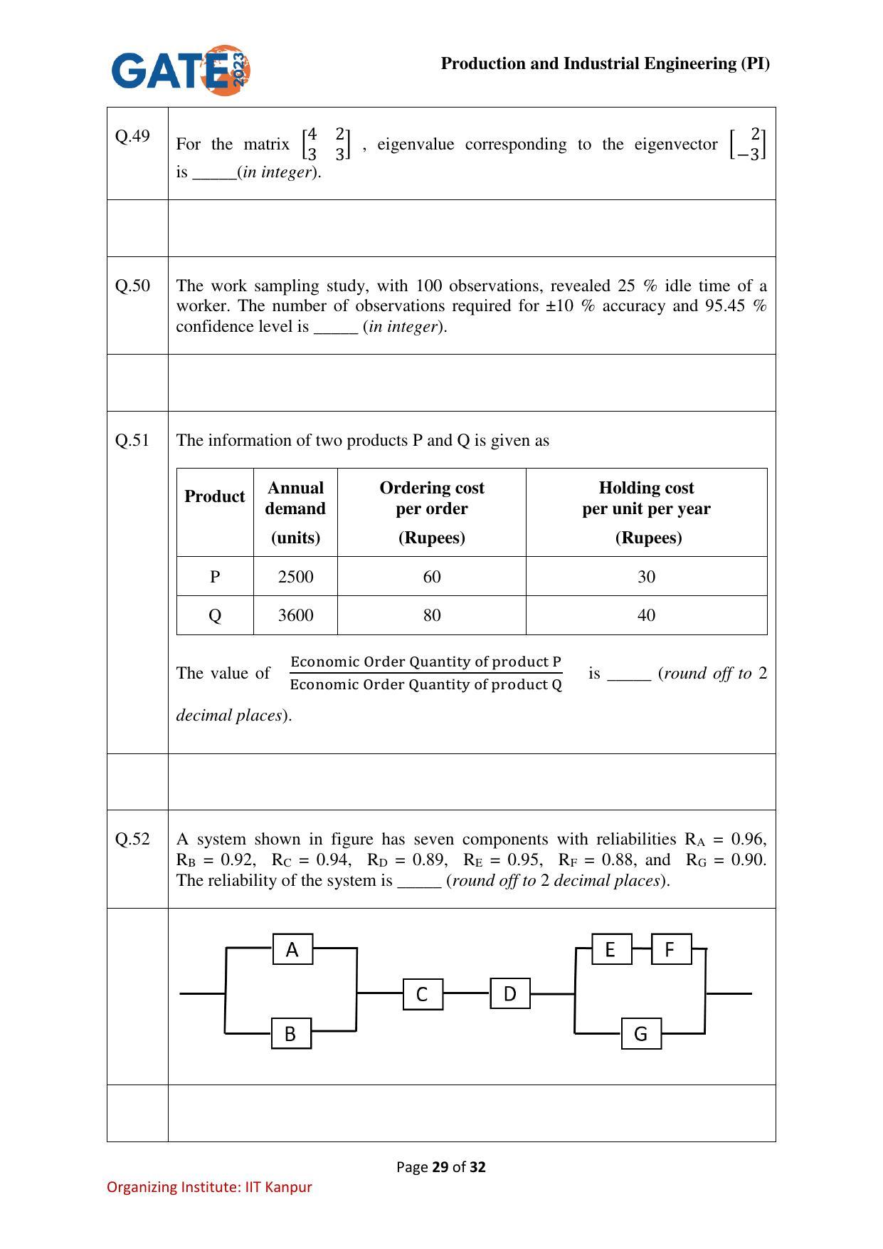 GATE 2023 Production and Industrial Engineering (PI) Question Paper - Page 29