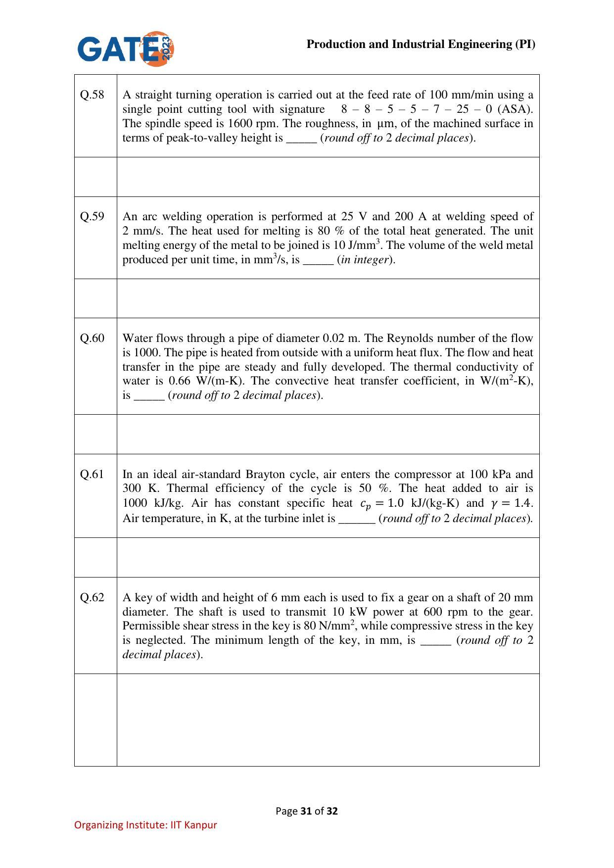 GATE 2023 Production and Industrial Engineering (PI) Question Paper - Page 31