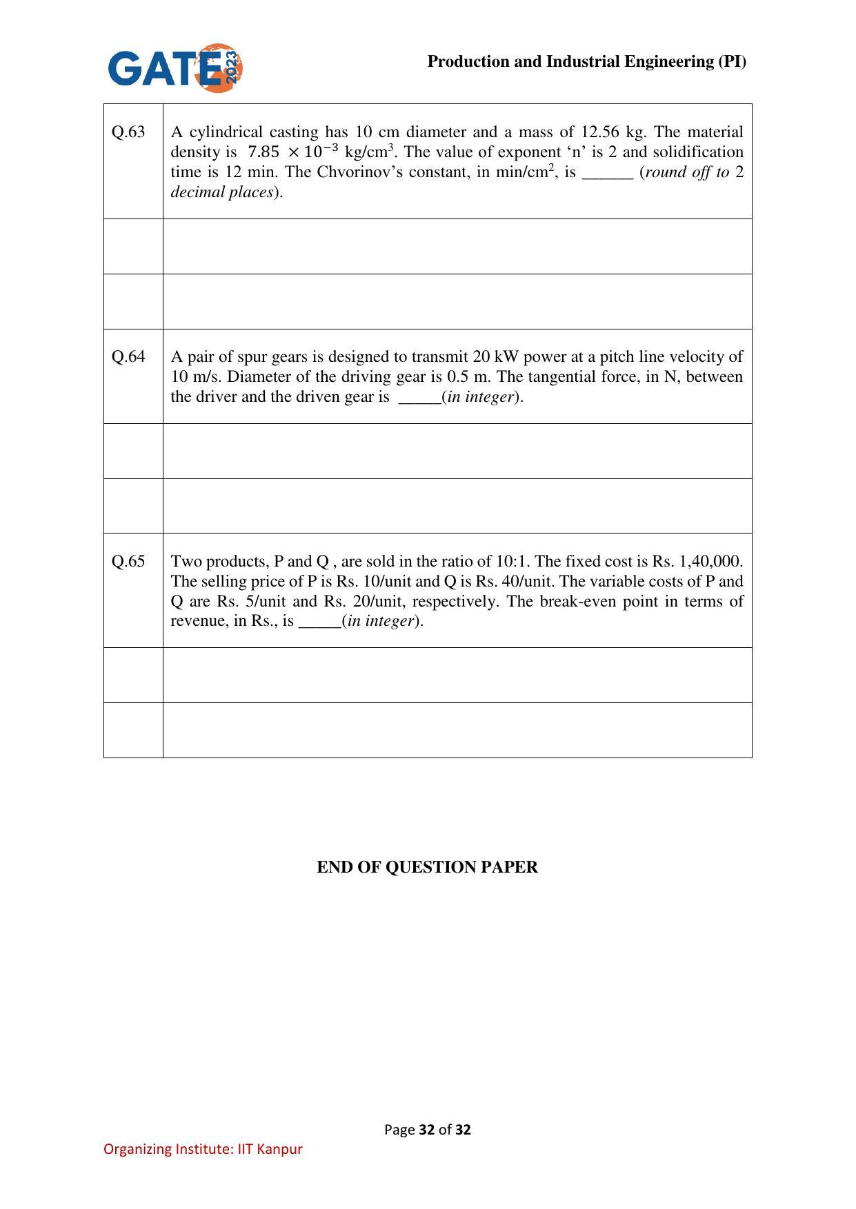 GATE 2023 Production and Industrial Engineering (PI) Question Paper - Page 32