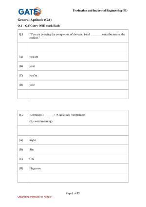 GATE 2023 Production and Industrial Engineering (PI) Question Paper