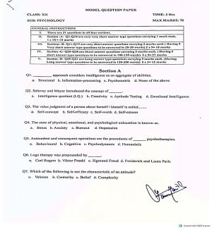 JKBOSE Class 12 Psychology Model Question Paper