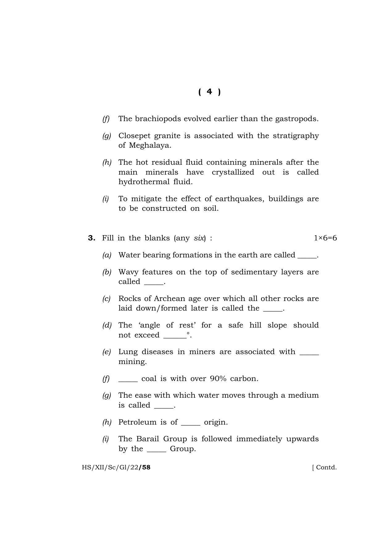 Meghalaya Board (MBOSE) Class 12 GEOLOGY  (HS-XII-Sc-Gl-22) 2022 Question Paper - Page 4