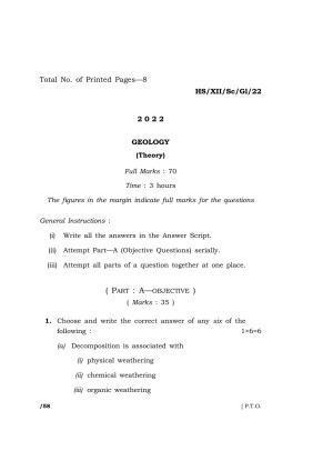 Meghalaya Board (MBOSE) Class 12 GEOLOGY  (HS-XII-Sc-Gl-22) 2022 Question Paper