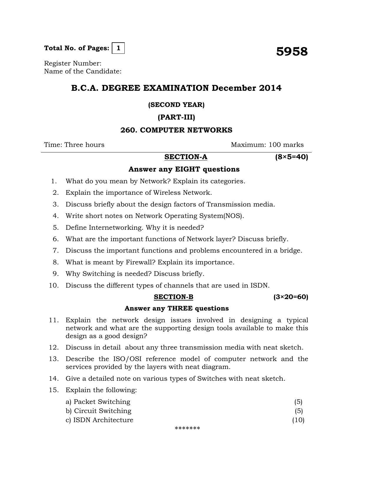 Annamalai University Computer Networks B.C.A. (OUS) December 2014 Question Papers - Page 1