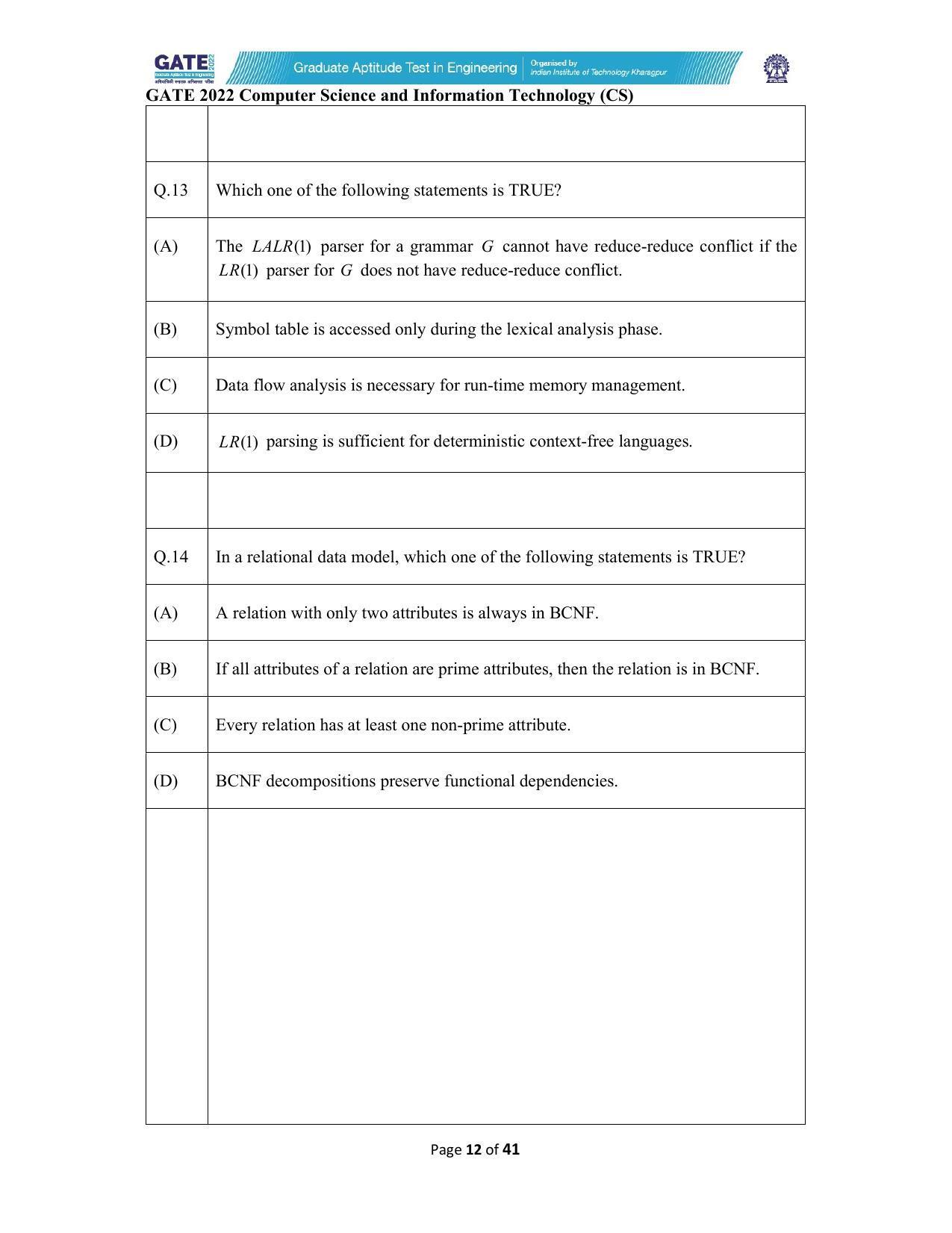 GATE 2022 Computer Science and Information Technology (CS) Question Paper - Page 12