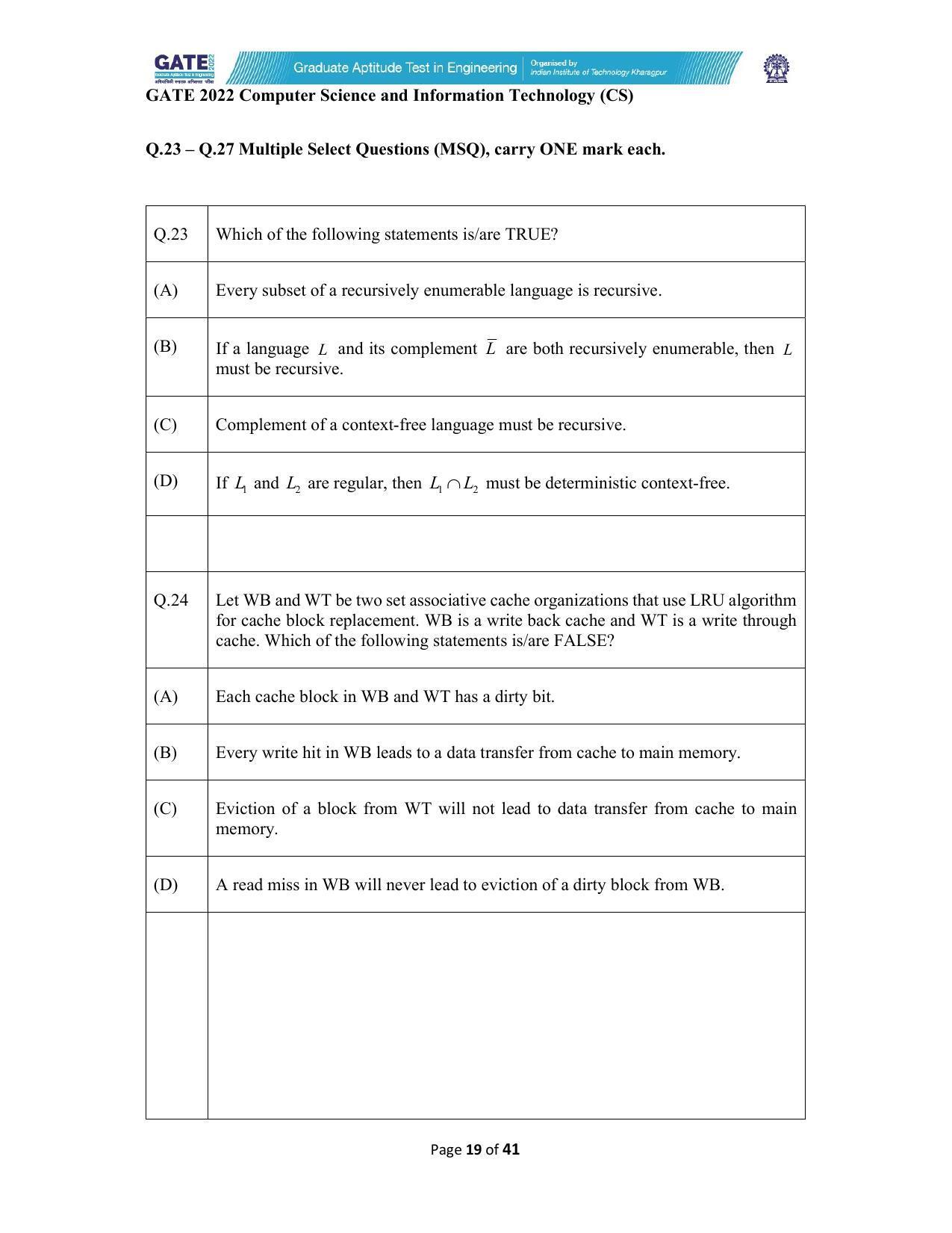 GATE 2022 Computer Science and Information Technology (CS) Question Paper - Page 19