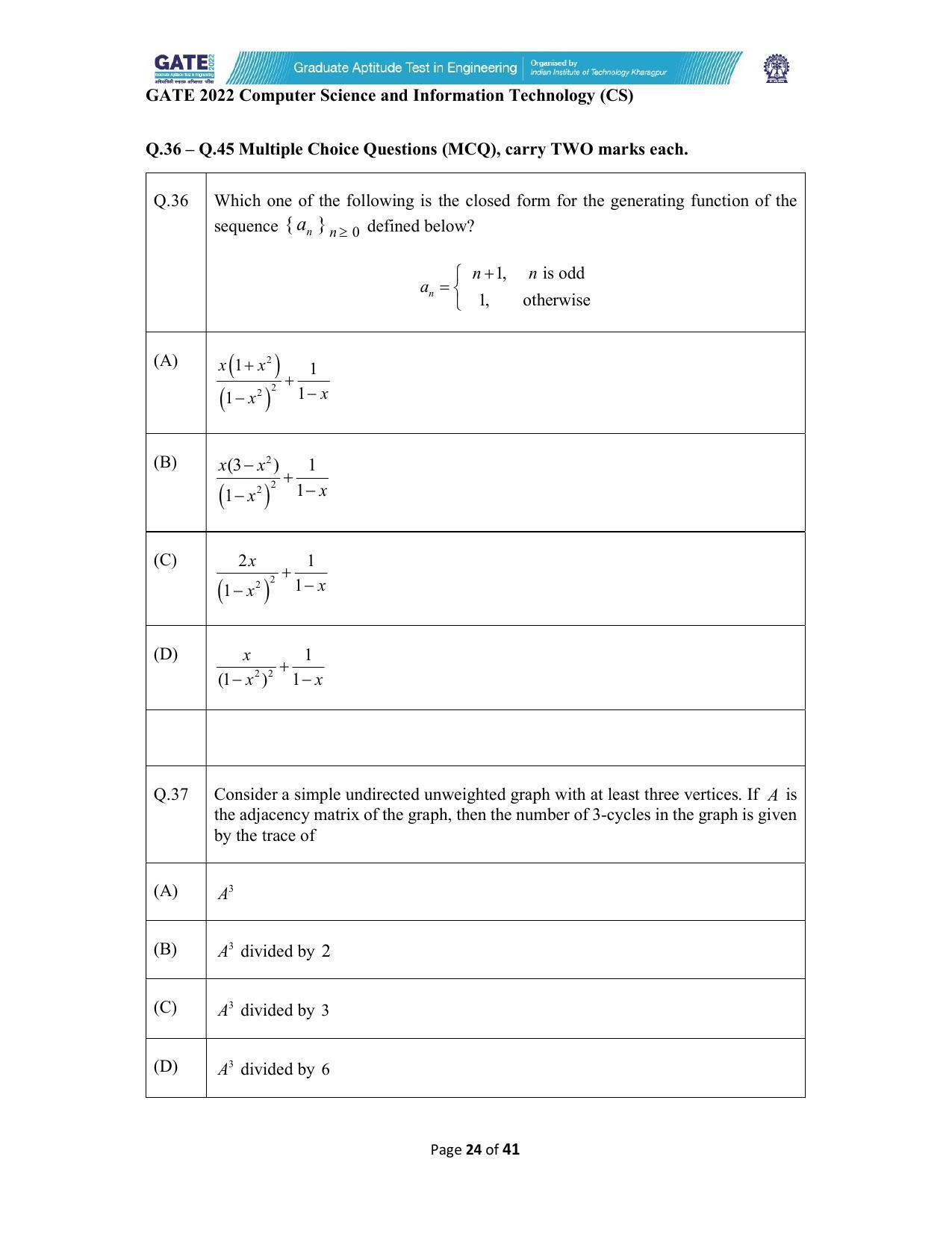 GATE 2022 Computer Science and Information Technology (CS) Question Paper - Page 24