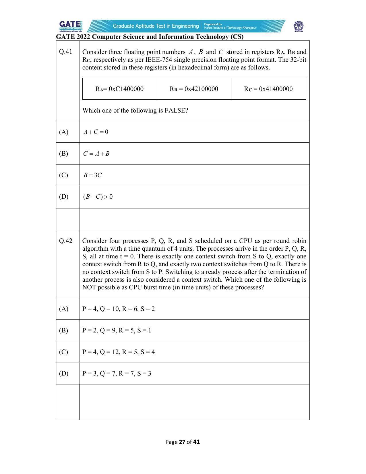 GATE 2022 Computer Science and Information Technology (CS) Question Paper - Page 27