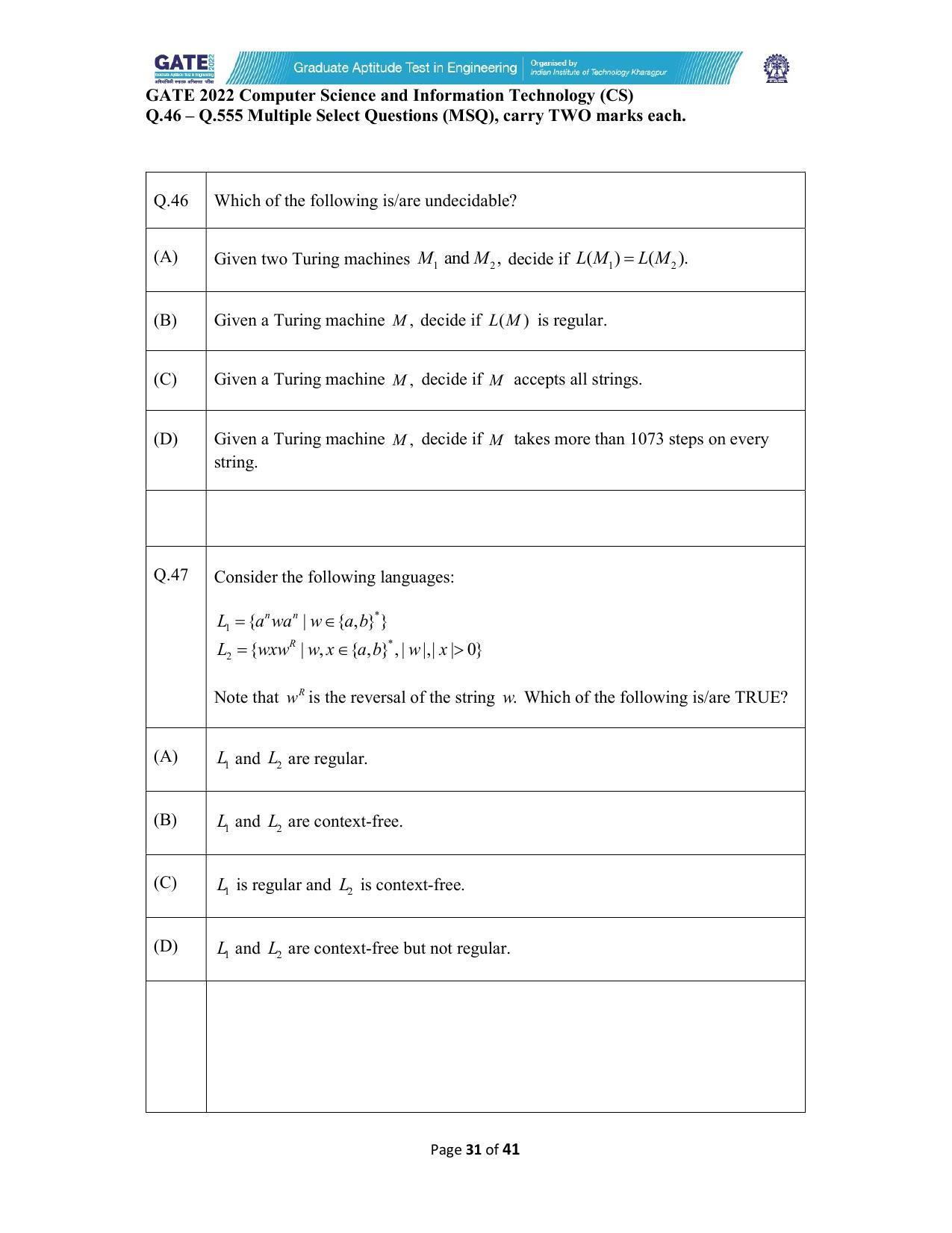 GATE 2022 Computer Science and Information Technology (CS) Question Paper - Page 31