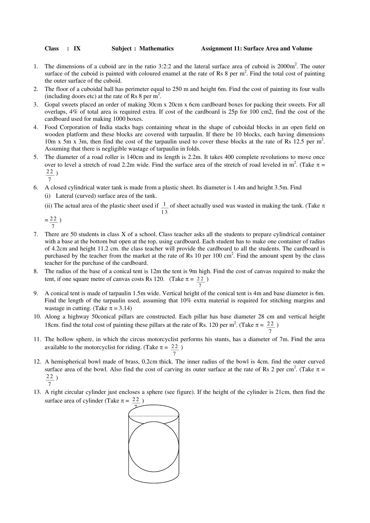 CBSE Worksheets for Class 9 Mathematics Surface areas and volumes Assignment 3 - Page 1