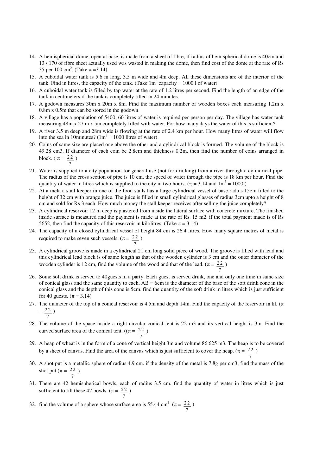 CBSE Worksheets for Class 9 Mathematics Surface areas and volumes Assignment 3 - Page 2