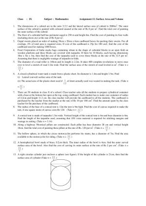 CBSE Worksheets for Class 9 Mathematics Surface areas and volumes Assignment 3