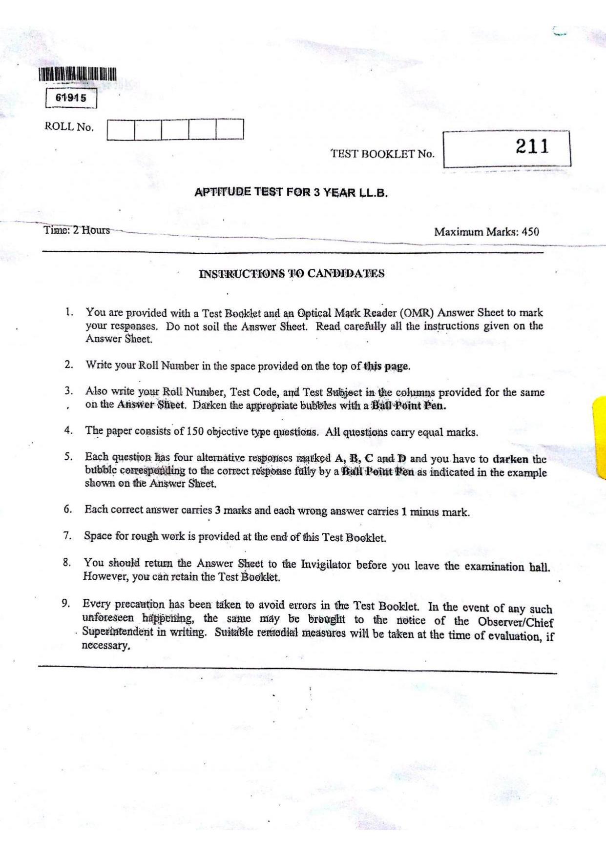 CUSAT CAT 2015 3 YEAR LL.B Question Paper - Page 1