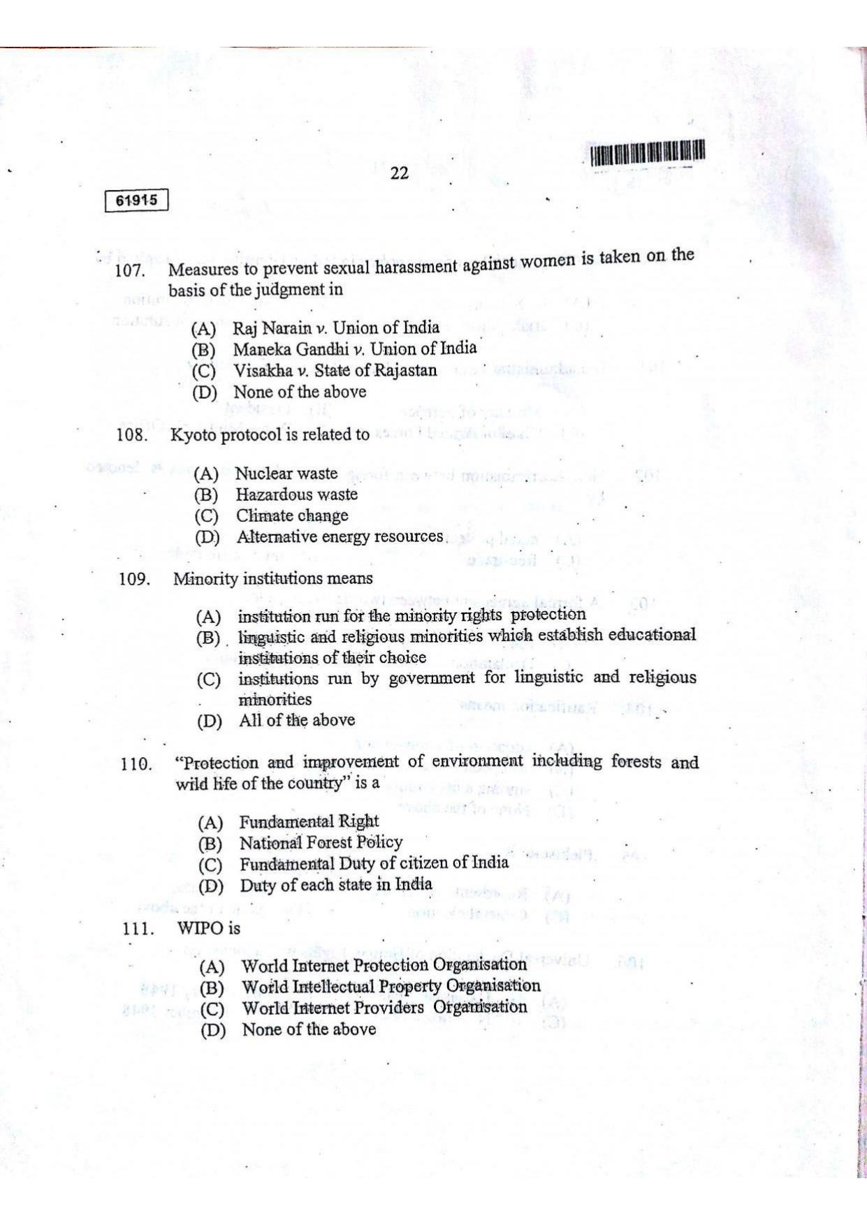 CUSAT CAT 2015 3 YEAR LL.B Question Paper - Page 23