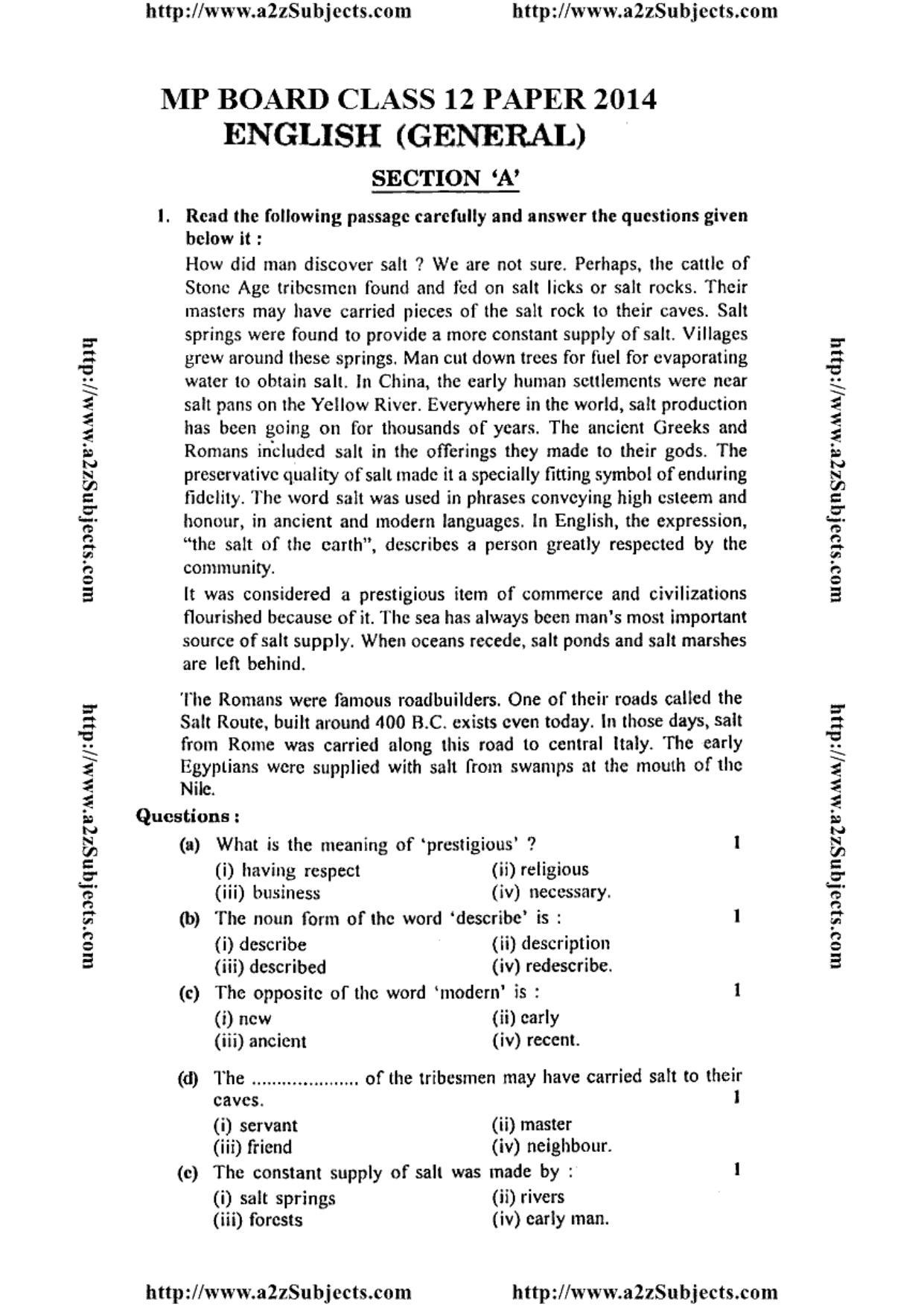 MP Board Class 12 English General 2014 Question Paper - Page 1