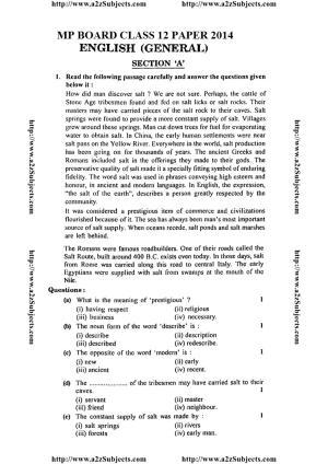 MP Board Class 12 English General 2014 Question Paper
