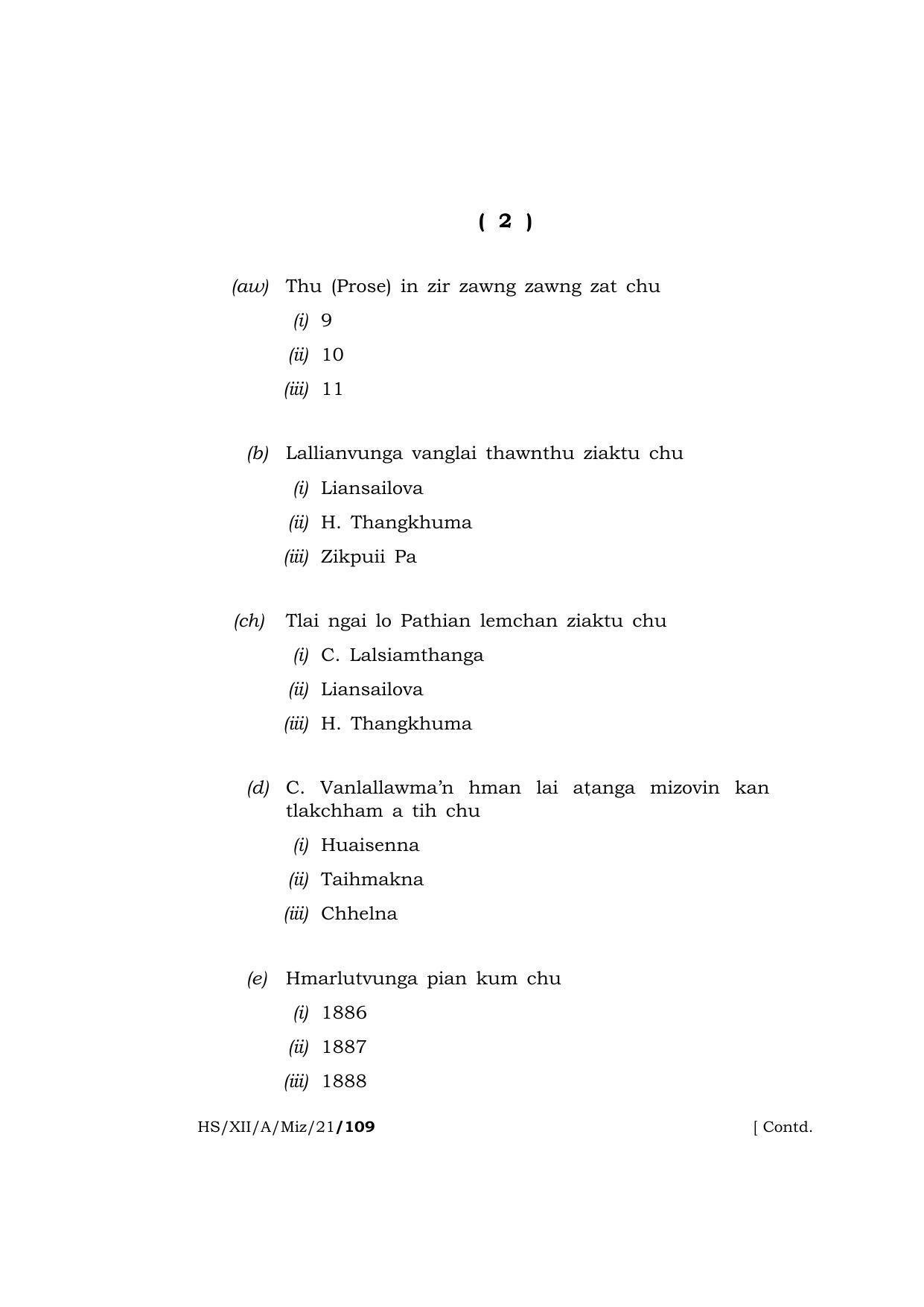 Meghalaya Board (MBOSE) Class 12 MIZO (HSXIIAMiz21) 2021 Question