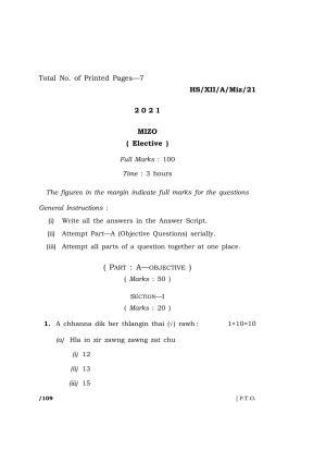 Meghalaya Board (MBOSE) Class 12 MIZO  (HS-XII-A-Miz-21) 2021 Question Paper
