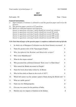 Nagaland Board Class 12 HISTORY 2017 Question Papers