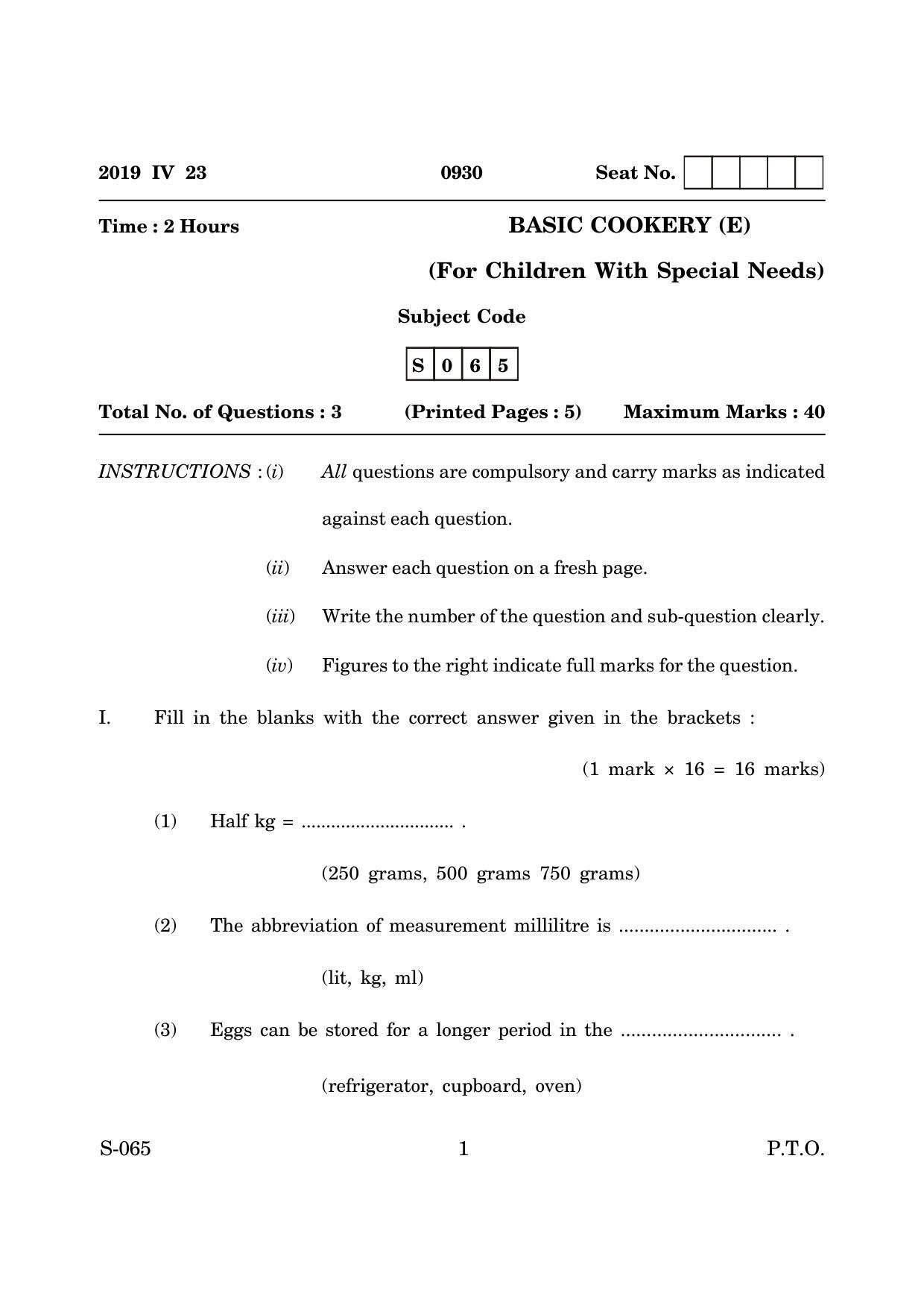 Goa Board Class 10 Basic Cookery Cwsn E English (March 2019) Question Paper - Page 1