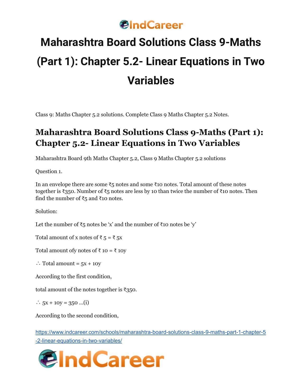 Maharashtra Board Solutions Class 9-Maths (Part 1): Chapter 5.2- Linear Equations in Two Variables - Page 2