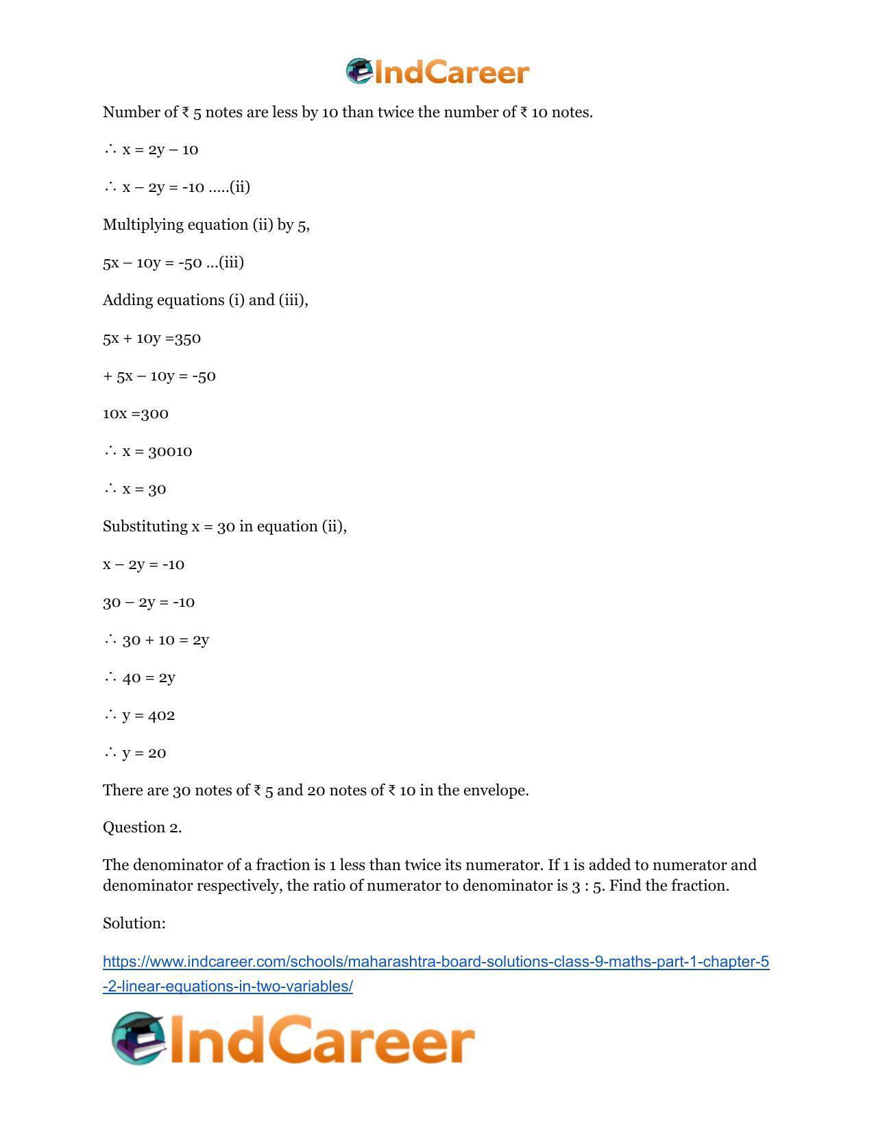 Maharashtra Board Solutions Class 9-Maths (Part 1): Chapter 5.2- Linear Equations in Two Variables - Page 3