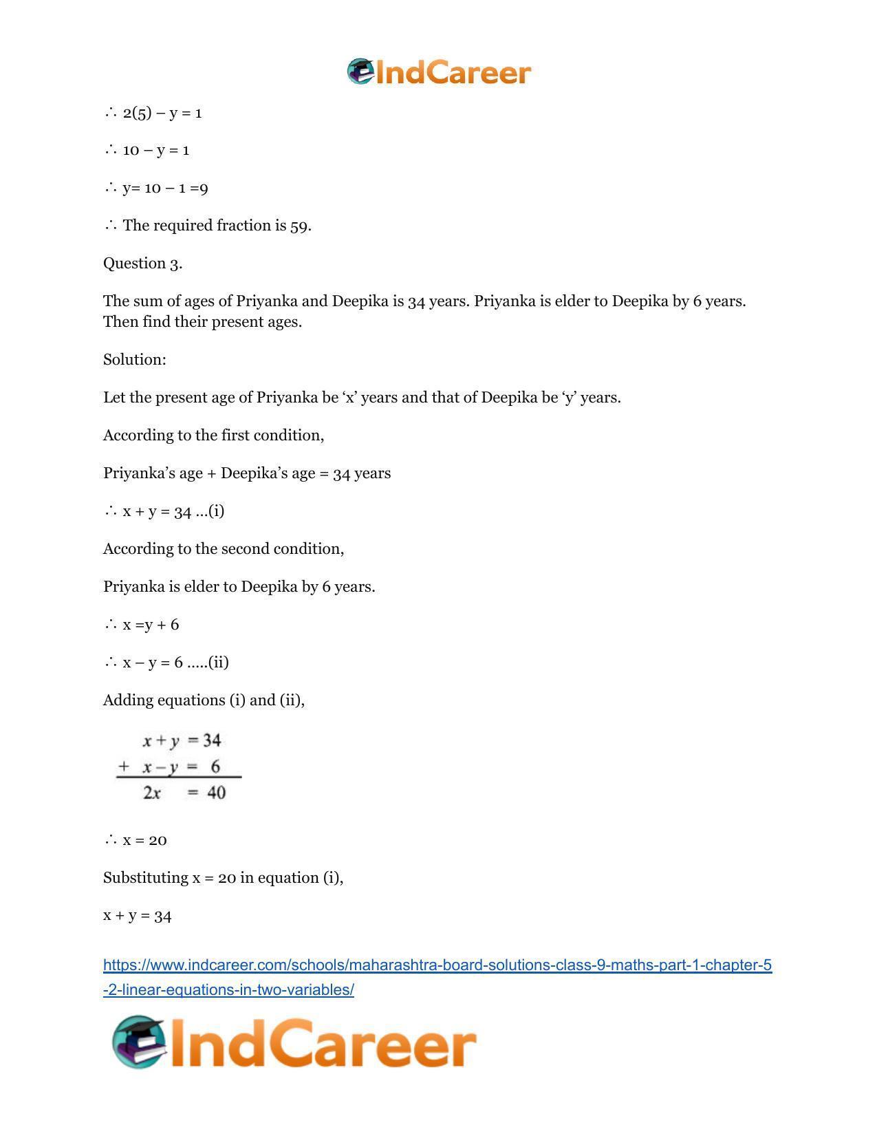 Maharashtra Board Solutions Class 9-Maths (Part 1): Chapter 5.2- Linear Equations in Two Variables - Page 5