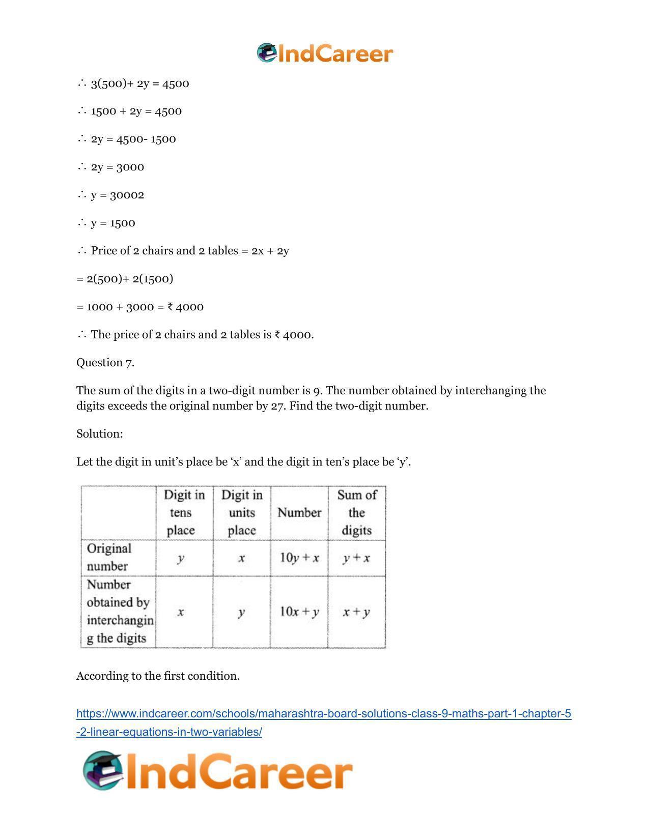 Maharashtra Board Solutions Class 9-Maths (Part 1): Chapter 5.2- Linear Equations in Two Variables - Page 9